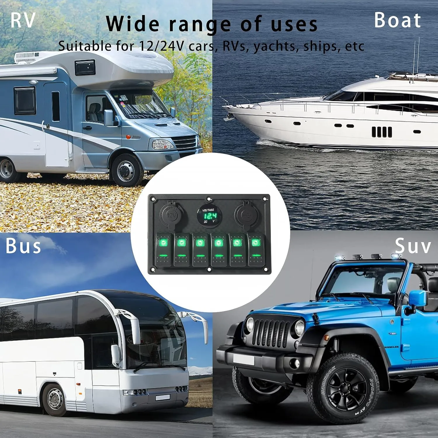 6 Gang Rocker Switch Panel, LED Digital Voltmeter with 3.1A Dual USB Charger, 12/24V Wired Toggle Switch Panel for Automotive Cars Marine Boats RVs Green