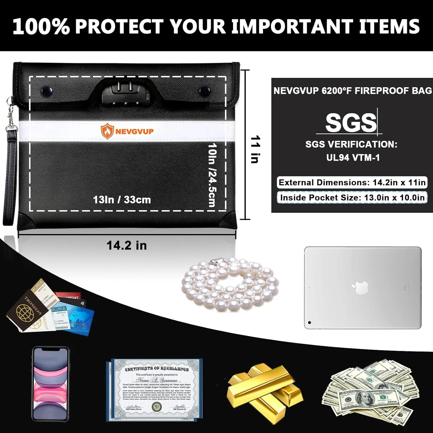 6200F Upgraded Fireproof Document Money Bag with Lock, Zipper/Reflective Strip, 9 Layers Heat Insulated, Water Resistant Fire Bag