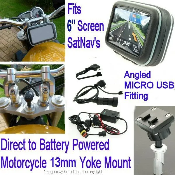 6inch GPS SatNav Motorcycle Angled MICRO USB Powered 13mm Yoke Mount (sku 14164)