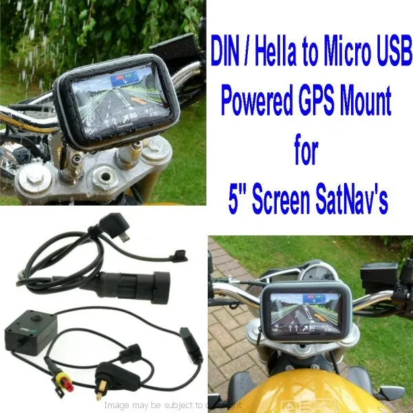 6inch SatNav GPS DIN - Hella Powered Motorcycle Mount - Angled Micro USB (SKU 14149)