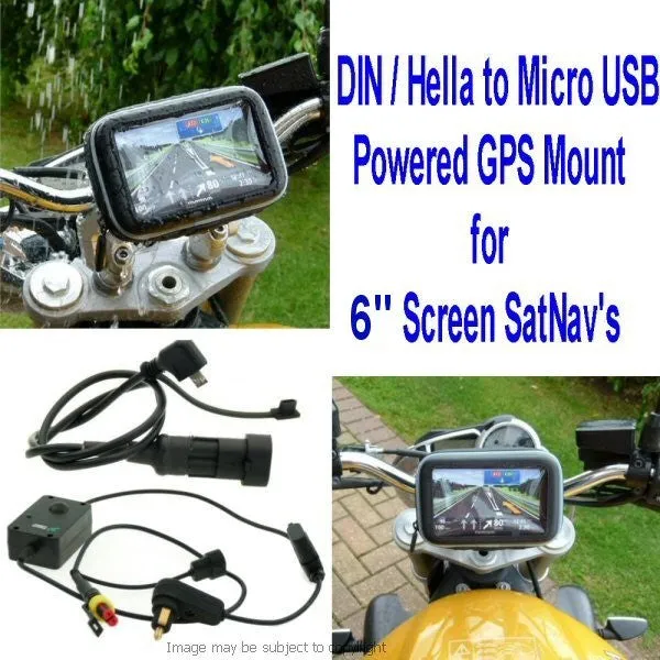 6inch SatNav GPS DIN - Hella Powered Motorcycle Mount - Angled Micro USB (SKU 14149)
