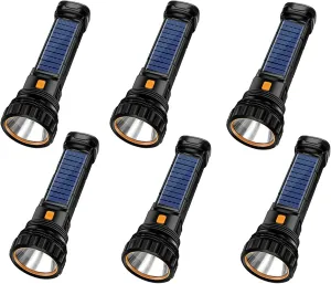6PCS Solar/Rechargeable Multi Function 1000 Lumens LED Flashlight, with Emergency Strobe Light and 1200 Mah Battery, Emergency Power Supply and USB Charging Cable, Fast Charging