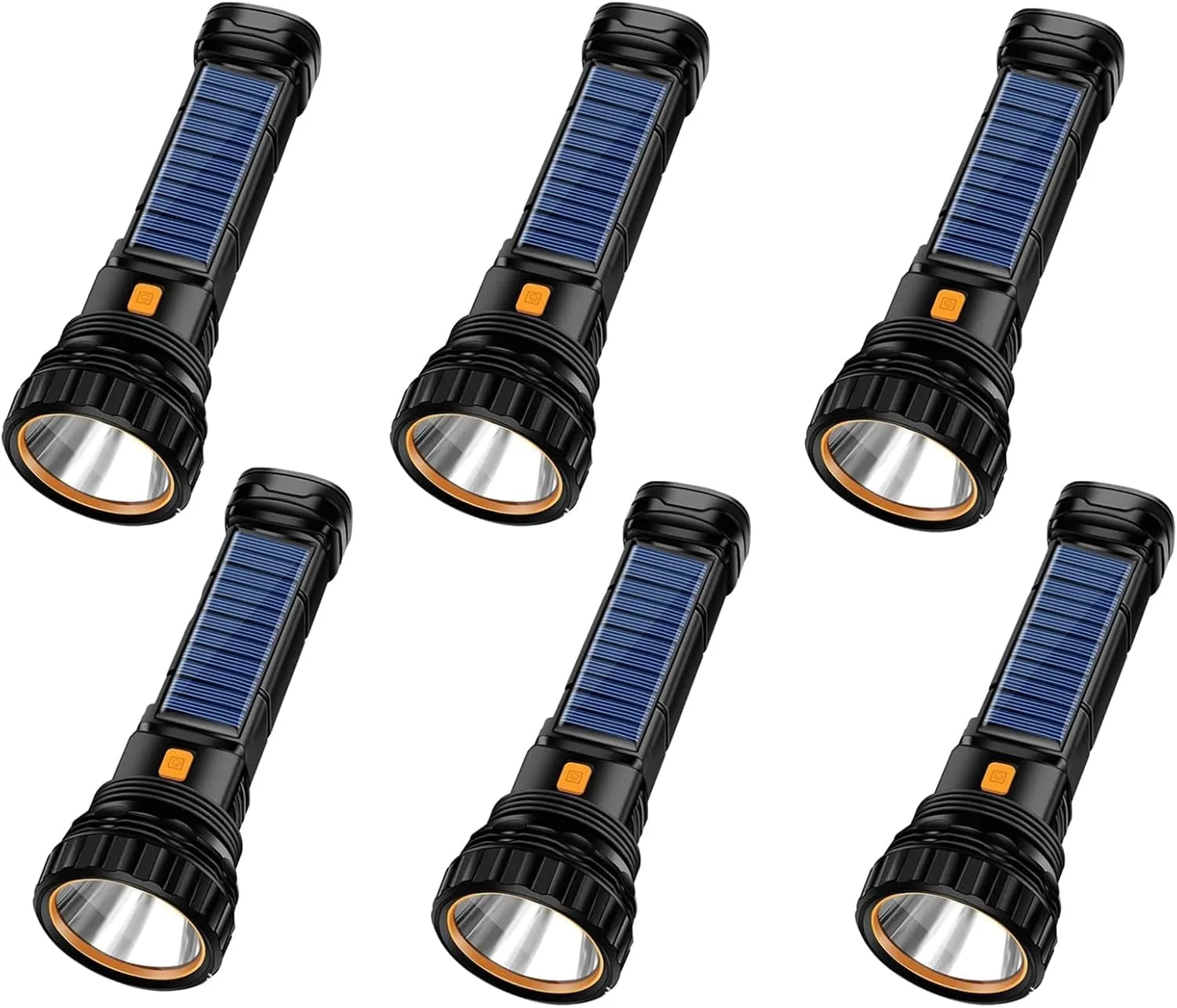 6PCS Solar/Rechargeable Multi Function 1000 Lumens LED Flashlight, with Emergency Strobe Light and 1200 Mah Battery, Emergency Power Supply and USB Charging Cable, Fast Charging