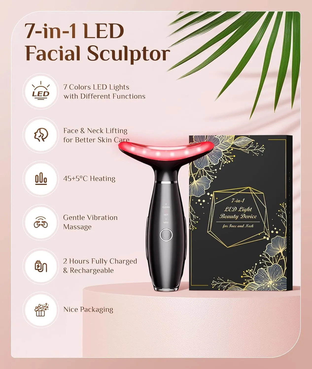 7 Color Galvanic Machines - Red Light Therapy for Face and Neck, Face Massager Tool for Wrinkles, Double Chin, Vibrating Facial Massager with Thermals, Black