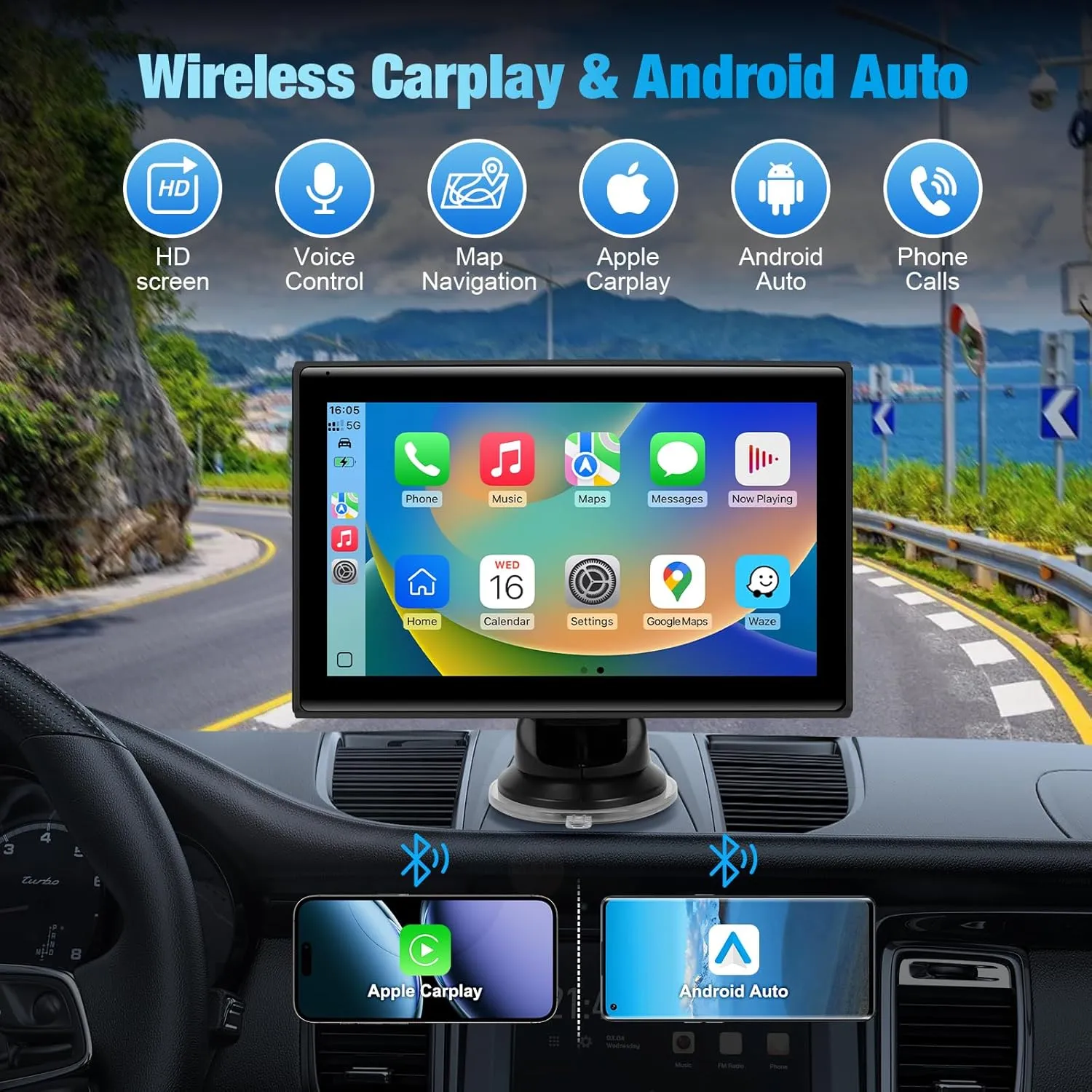 7" Portable Wireless CarPlay Screen for Car – Apple CarPlay & Android Auto, HD Touch Screen Car Stereo, Bluetooth, GPS Navigation, Voice Control, Plug-and-Play with FM/AUX/Mirror Link (Black)