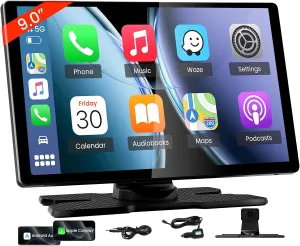 9.0'' Wireless Carplay Screen for Car, Portable Car Stereo with Apple Carplay & Android Auto, Car Audio Receivers with GPS Navigation, Mirror Link, Screen for All Vehicles(No Camera)