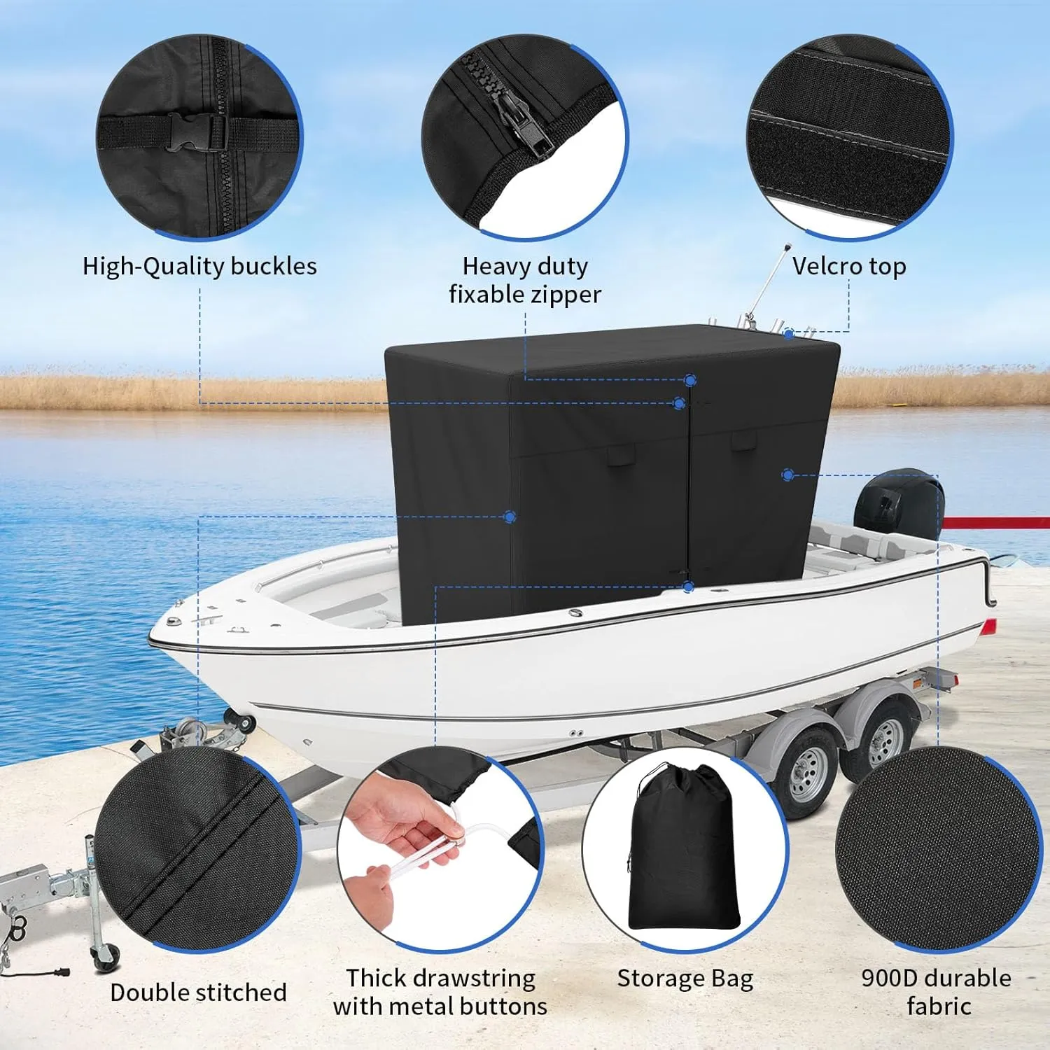 900D T-Top Console Boat Cover, Waterproof Heavy Duty Tear-Resistant Polyester for Center Console Boat with T-Top Roof, Black(90" L x 67" W x 87" H)