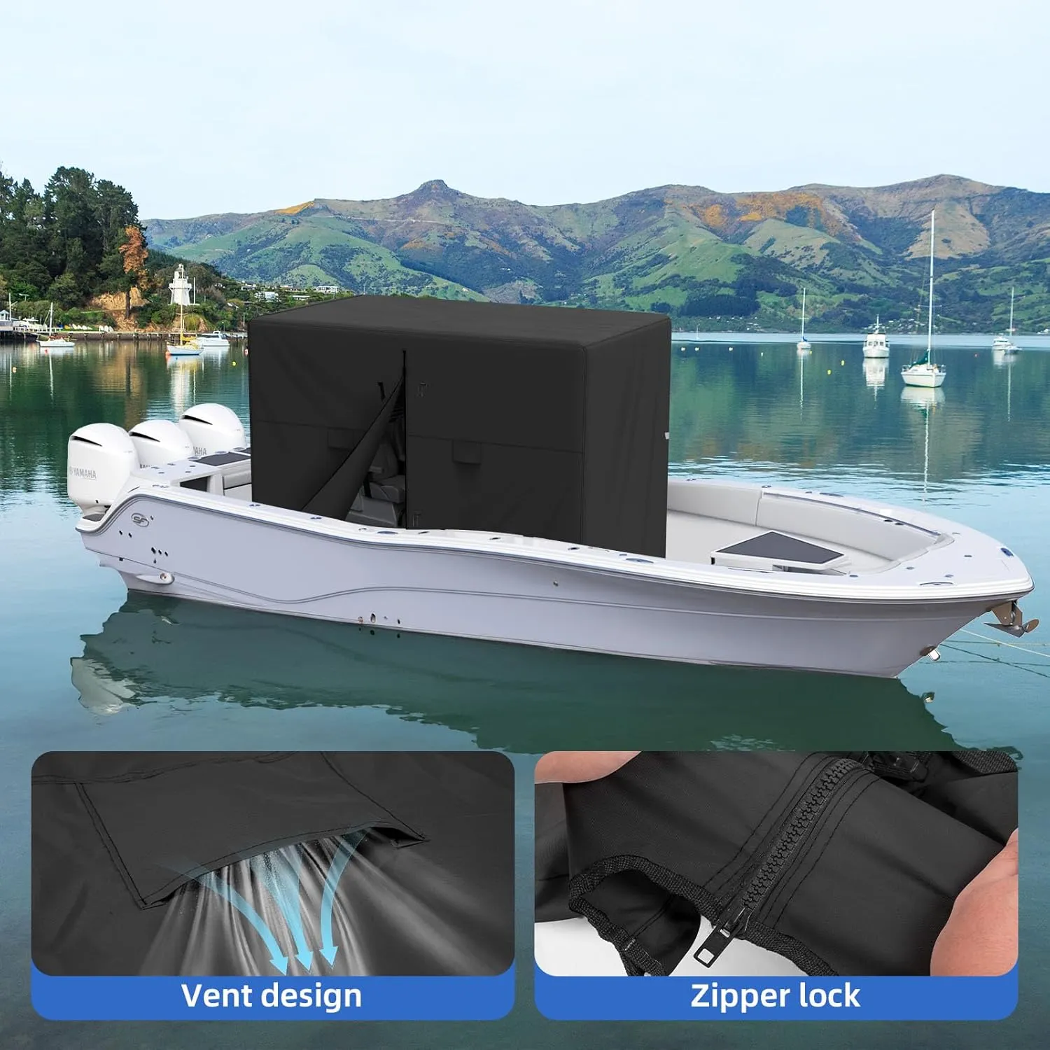 900D T-Top Console Boat Cover, Waterproof Heavy Duty Tear-Resistant Polyester for Center Console Boat with T-Top Roof, Black(90" L x 67" W x 87" H)