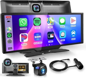 9.3INCH Wireless CarPlay Screen for Car,Portable Car Play with 2.5K Front and HD Rear Camera Dash Cam,1080P Touch Screen 2 Bluetooth Radio Android Auto,Airplay/GPS/Siri/FM Transmit/AUX/64G TF Card