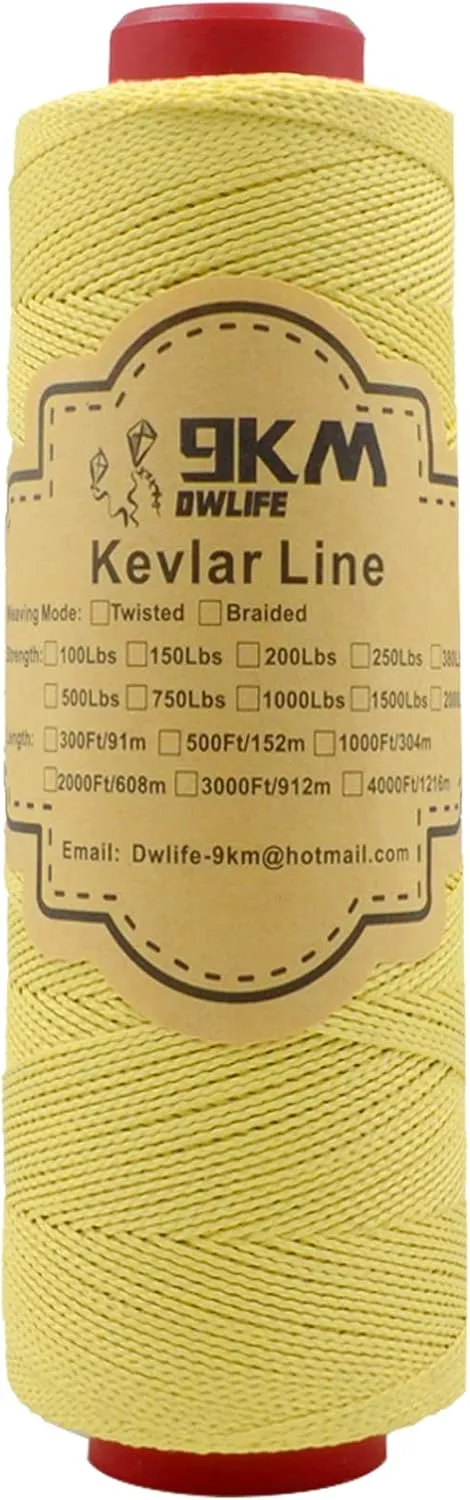 9KM DWLIFE Kevlar Kite String, 70lb 1000Ft, Twisted Kevlar Line, Low Stretch, High Strength, Heavy Duty, Fishing Assist Cord, Camping, Hiking, Outdoor Survival Rope