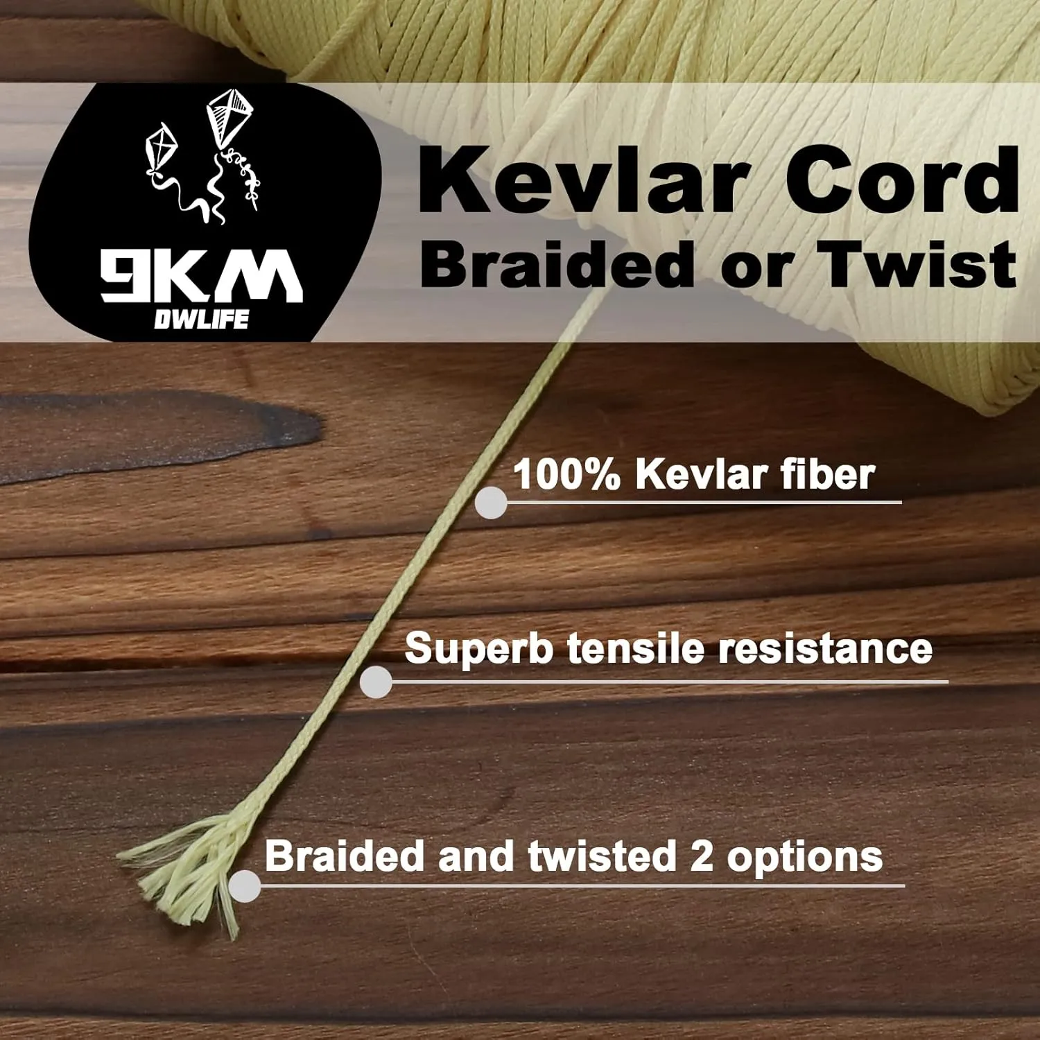 9KM DWLIFE Kevlar Kite String, 70lb 1000Ft, Twisted Kevlar Line, Low Stretch, High Strength, Heavy Duty, Fishing Assist Cord, Camping, Hiking, Outdoor Survival Rope