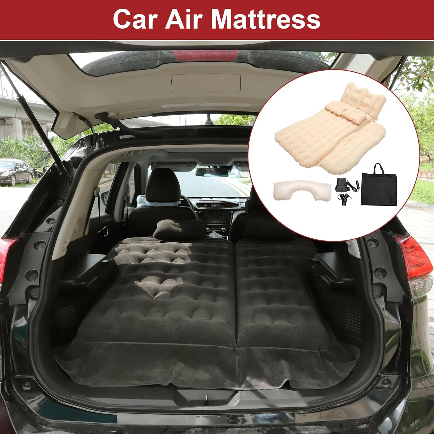 ACROPIX Inflatable SUV Truck Car Air Mattress Back Seat Camping Bed Thickened Car Sleeping Pad for Travel Car Bed SUV Mattress with Car Air Pump and Pillows Beige