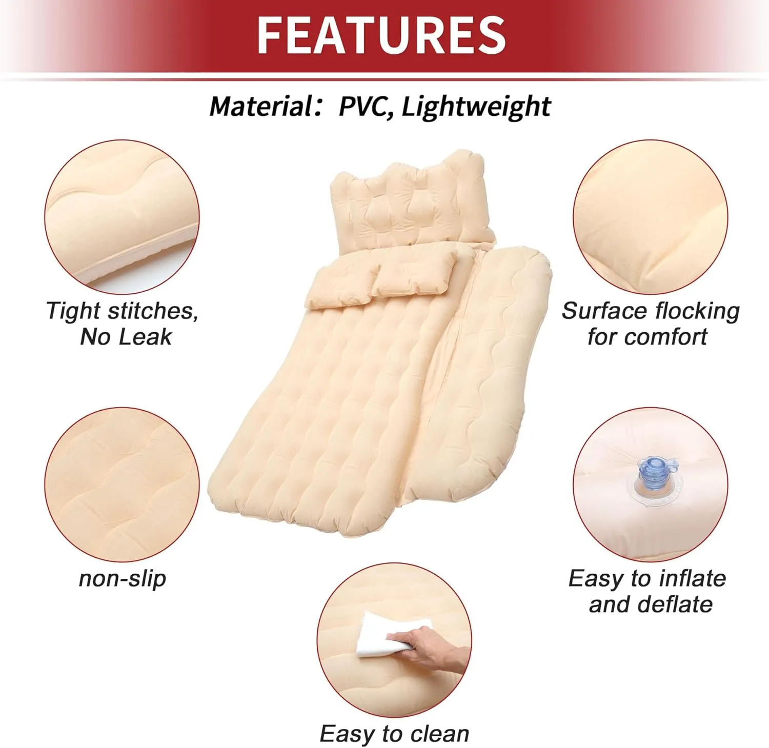 ACROPIX Inflatable SUV Truck Car Air Mattress Back Seat Camping Bed Thickened Car Sleeping Pad for Travel Car Bed SUV Mattress with Car Air Pump and Pillows Beige