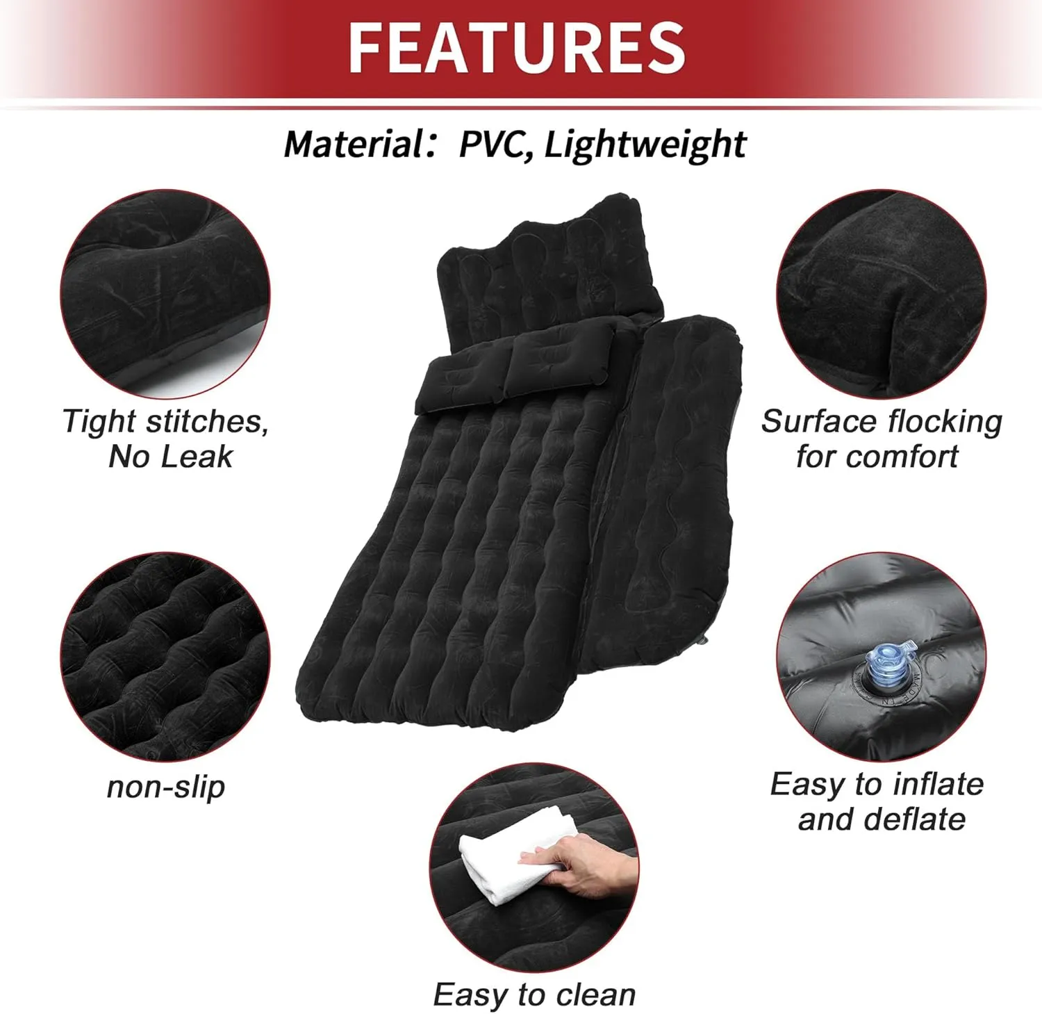 ACROPIX Inflatable SUV Truck Car Air Mattress Back Seat Camping Bed Thickened Car Sleeping Pad for Travel Car Bed SUV Mattress with Car Air Pump and Pillows Black