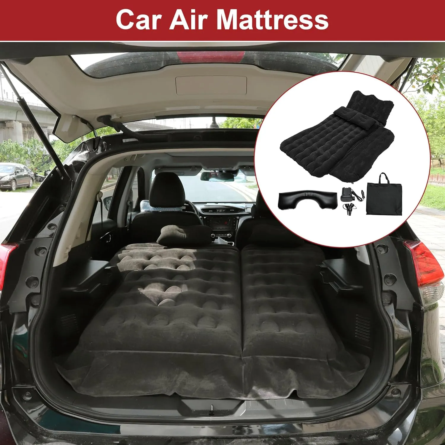 ACROPIX Inflatable SUV Truck Car Air Mattress Back Seat Camping Bed Thickened Car Sleeping Pad for Travel Car Bed SUV Mattress with Car Air Pump and Pillows Black
