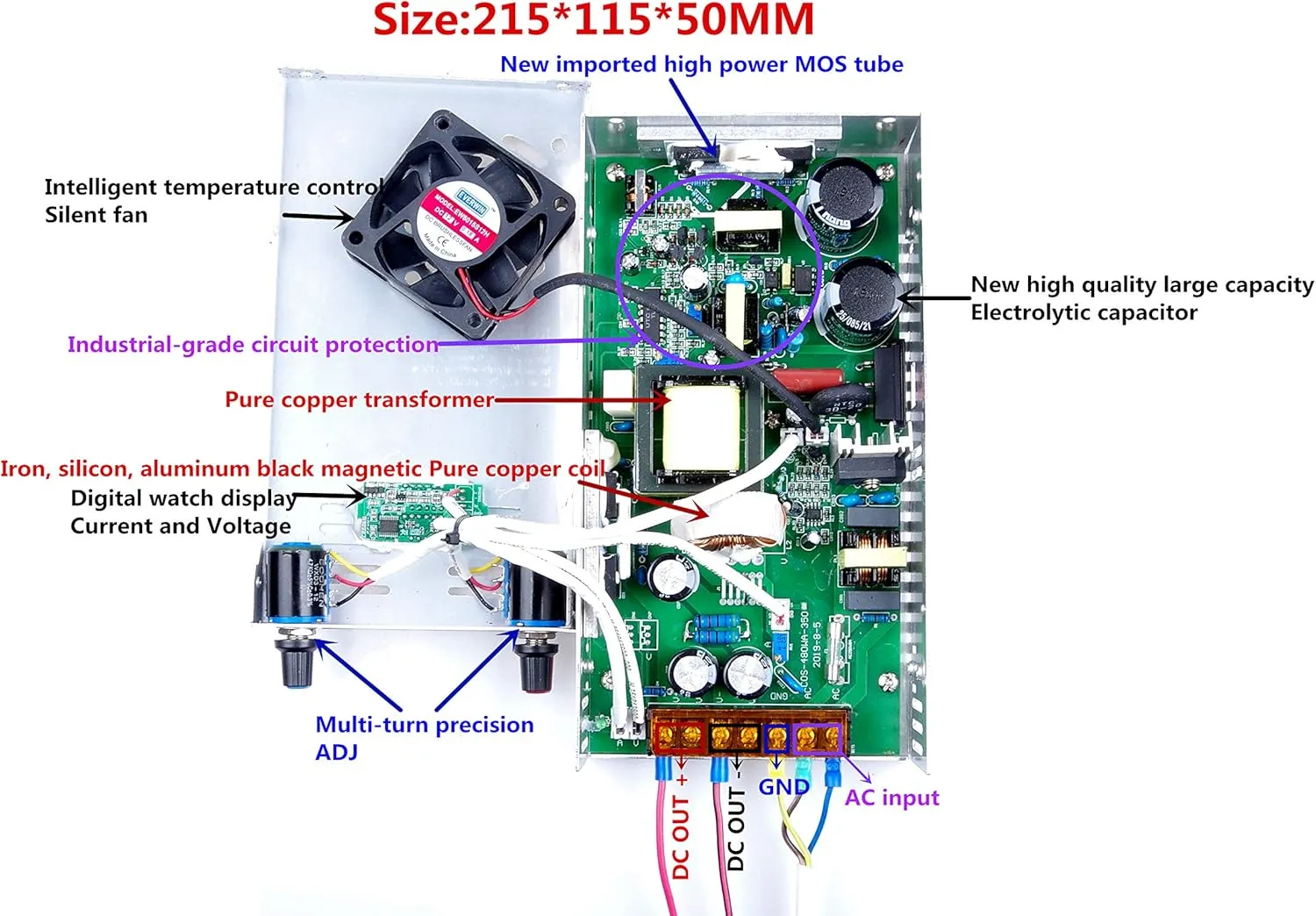 Adjustable DC Power Voltage Converter AC 110V - 220V to DC 0-24V 0-20A Module Switching Power Supply Digital Display 480W Voltage Regulator Built in Cooling Fan (0-24V 0-20A)