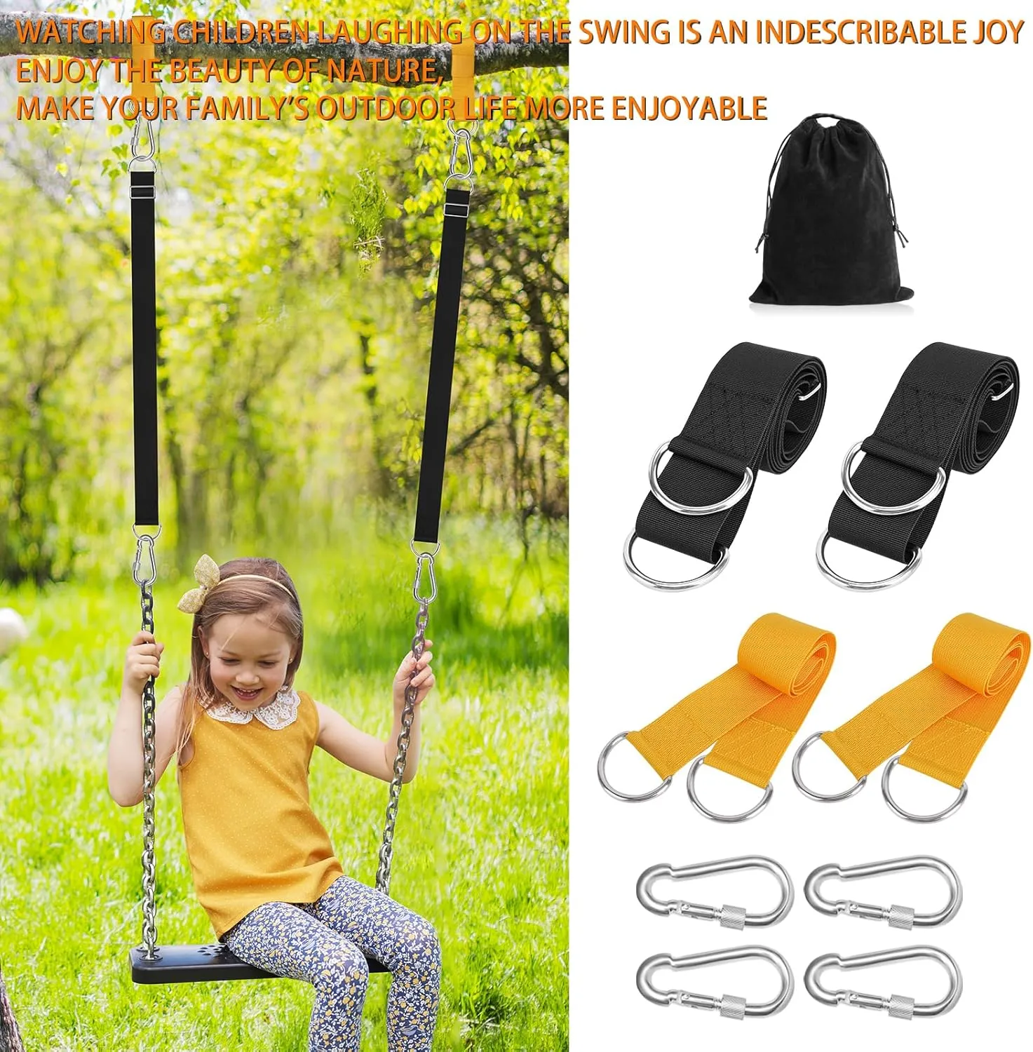 Adjustable Tree Swing Hanging kit Swing Straps for Tree Branch (4 Piece Suit for Hammock Straps,Tire Swing Kit and Hammock Tree Straps -Adjustable Length ，with 4 Locking Carabiners