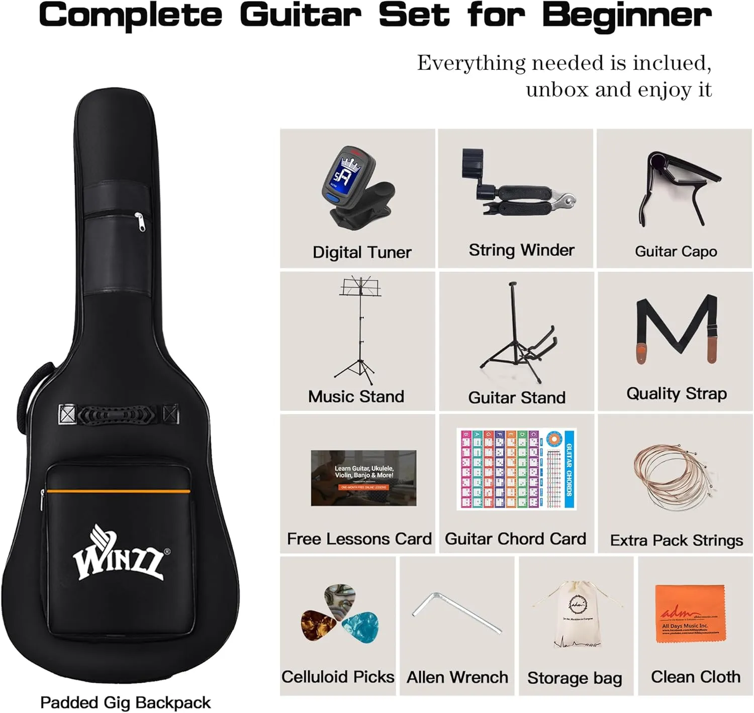 ADM Dreadnought Acoustic Guitar Kit with Free Lesson for Beginner Adult Teen Full Size Acustica Guitarra Starter Bundle Set with Bag Strap Tuner Capo Pickguard Music Stand, Right Hand(Grey, 41 Inch)