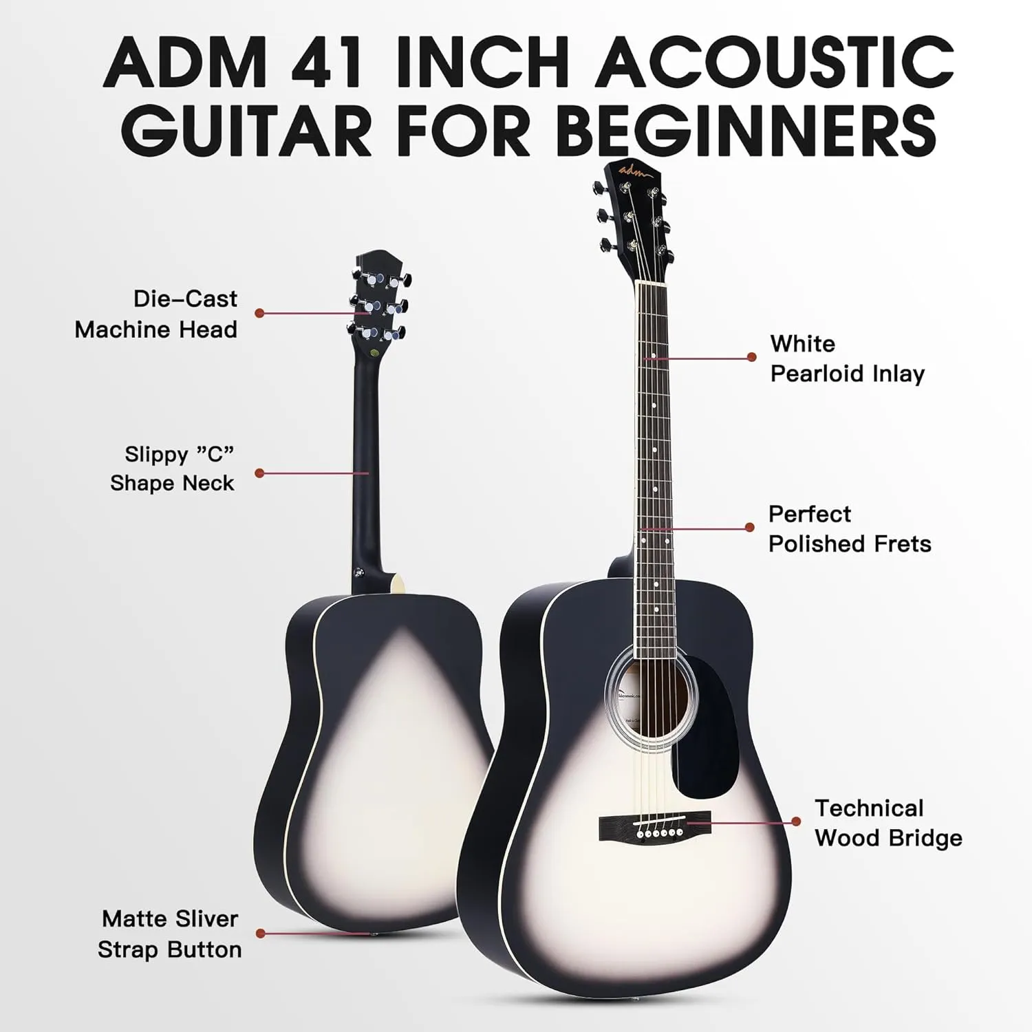 ADM Dreadnought Acoustic Guitar Kit with Free Lesson for Beginner Adult Teen Full Size Acustica Guitarra Starter Bundle Set with Bag Strap Tuner Capo Pickguard Music Stand, Right Hand(Grey, 41 Inch)