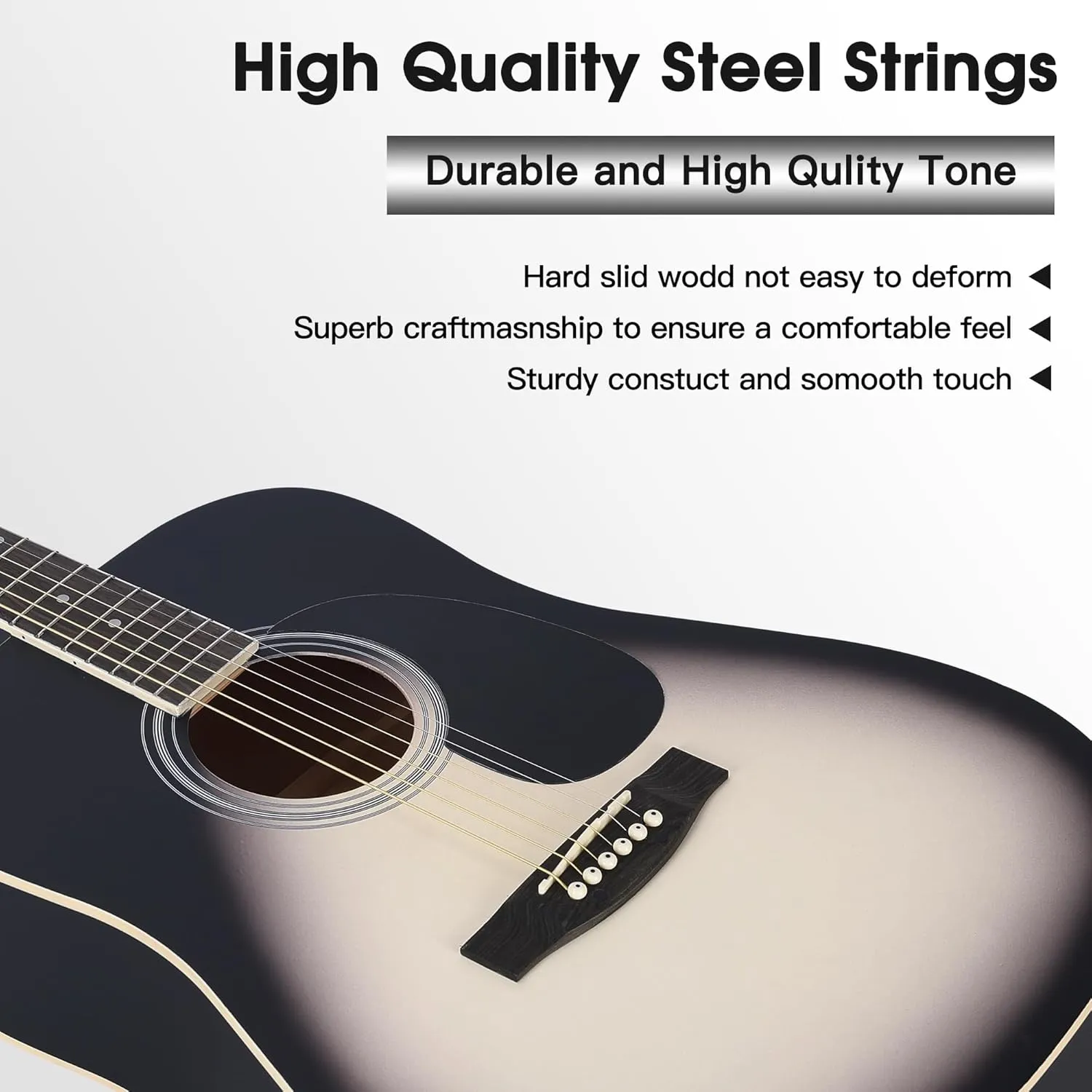 ADM Dreadnought Acoustic Guitar Kit with Free Lesson for Beginner Adult Teen Full Size Acustica Guitarra Starter Bundle Set with Bag Strap Tuner Capo Pickguard Music Stand, Right Hand(Grey, 41 Inch)