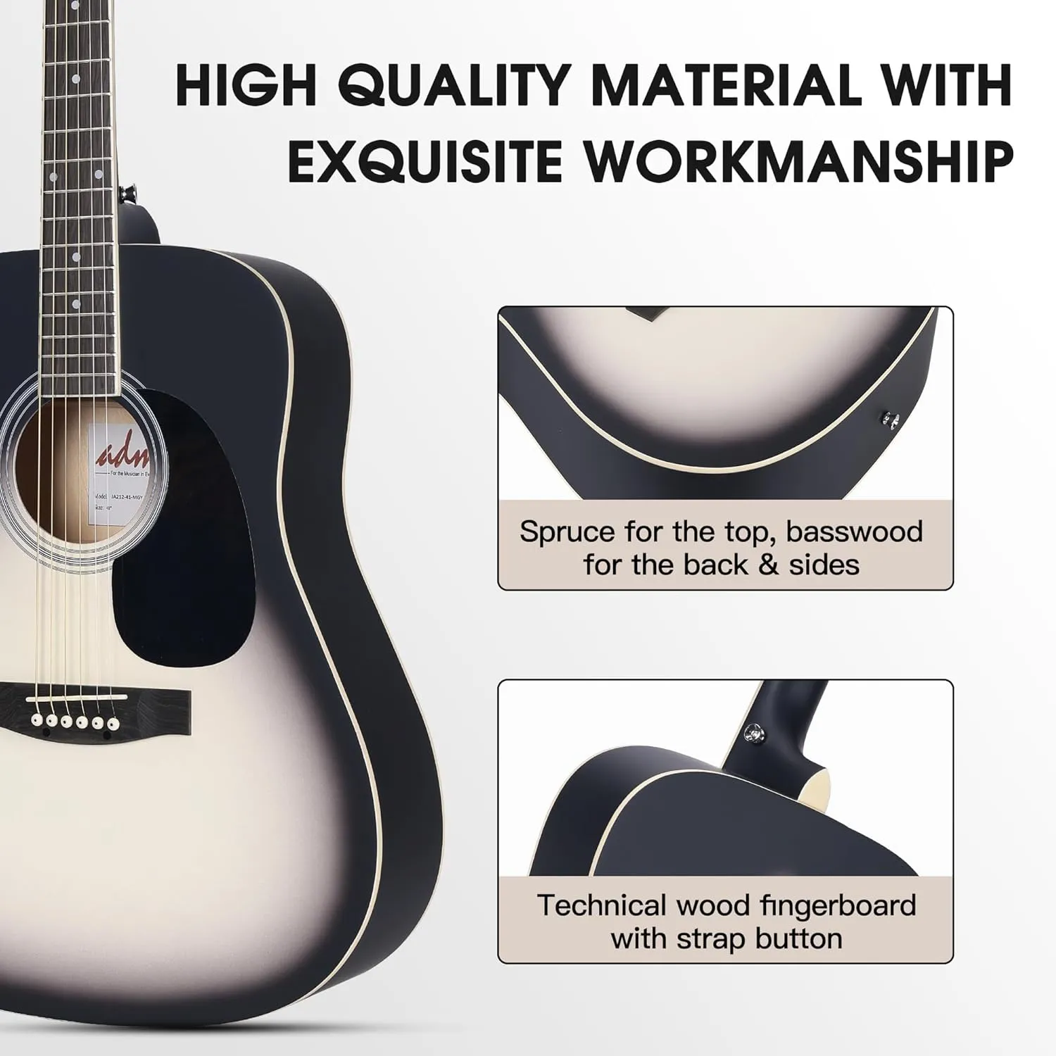 ADM Dreadnought Acoustic Guitar Kit with Free Lesson for Beginner Adult Teen Full Size Acustica Guitarra Starter Bundle Set with Bag Strap Tuner Capo Pickguard Music Stand, Right Hand(Grey, 41 Inch)