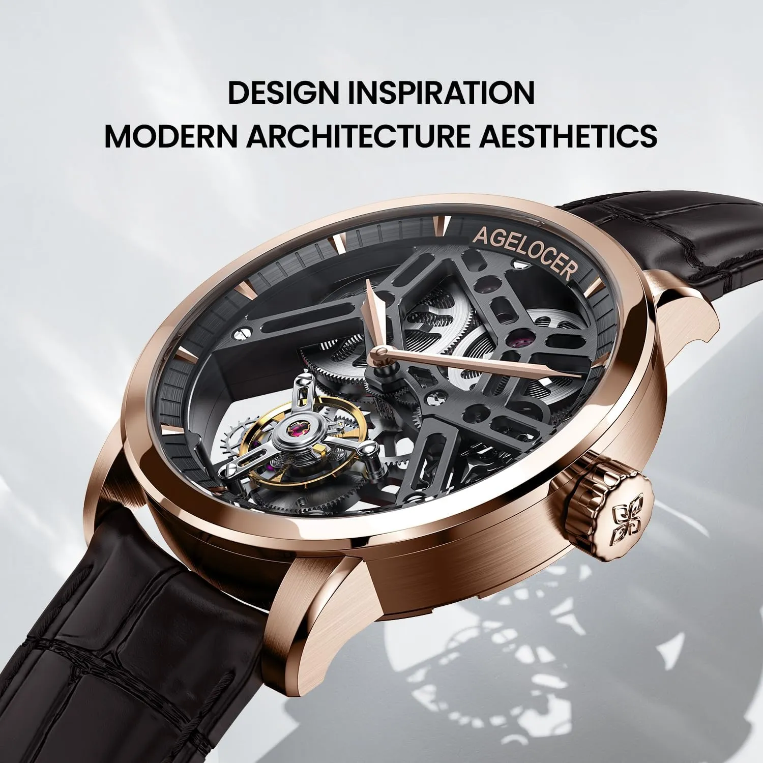 AGELOCER Men's Luxury Mechanical Watch with Tourbillon | Skeleton Manual Watches for Men | Waterproof Dress Watch for Business & Formal Occasions | Sapphire Glass | 50M Water Resistant (Black-Gold)