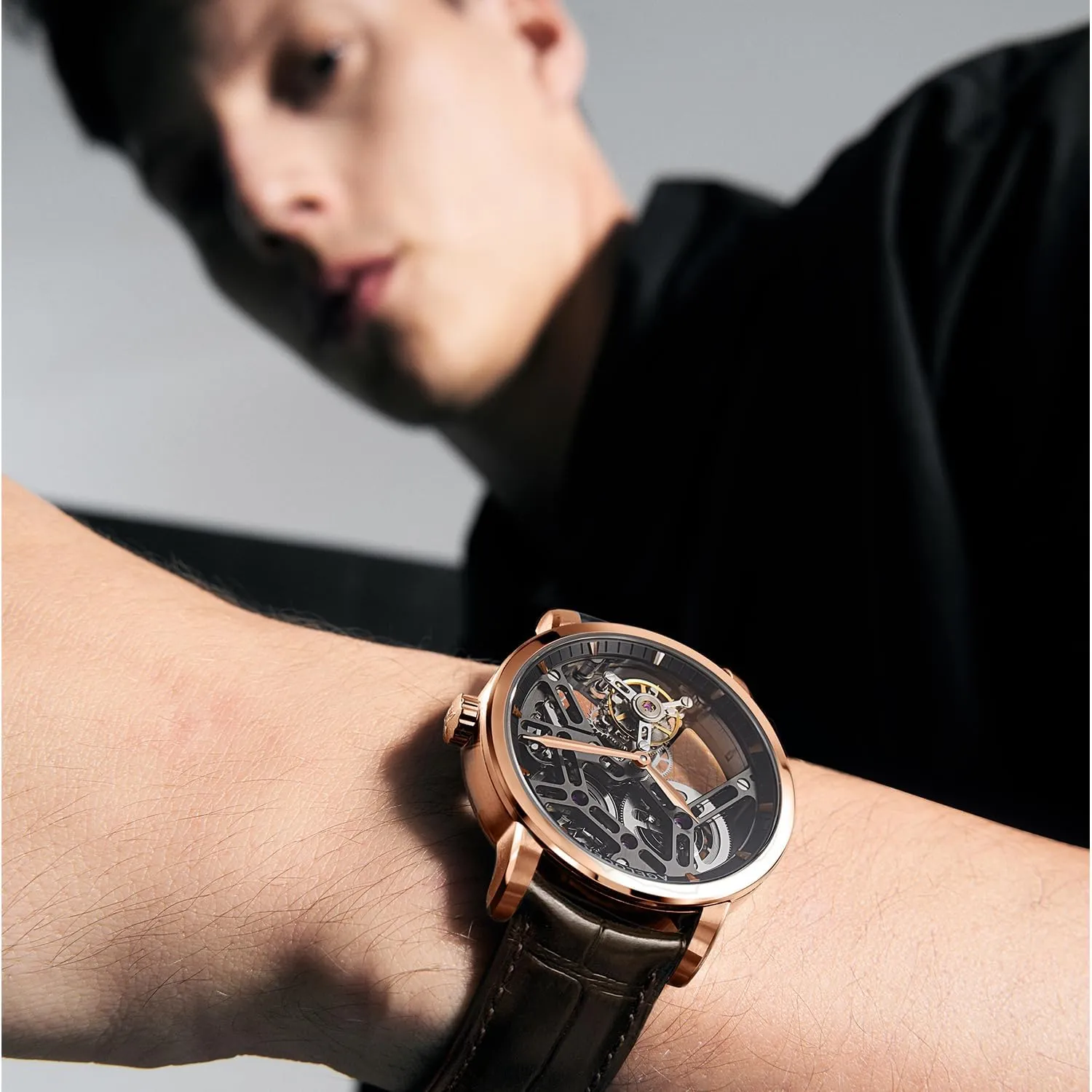 AGELOCER Men's Luxury Mechanical Watch with Tourbillon | Skeleton Manual Watches for Men | Waterproof Dress Watch for Business & Formal Occasions | Sapphire Glass | 50M Water Resistant (Black-Gold)
