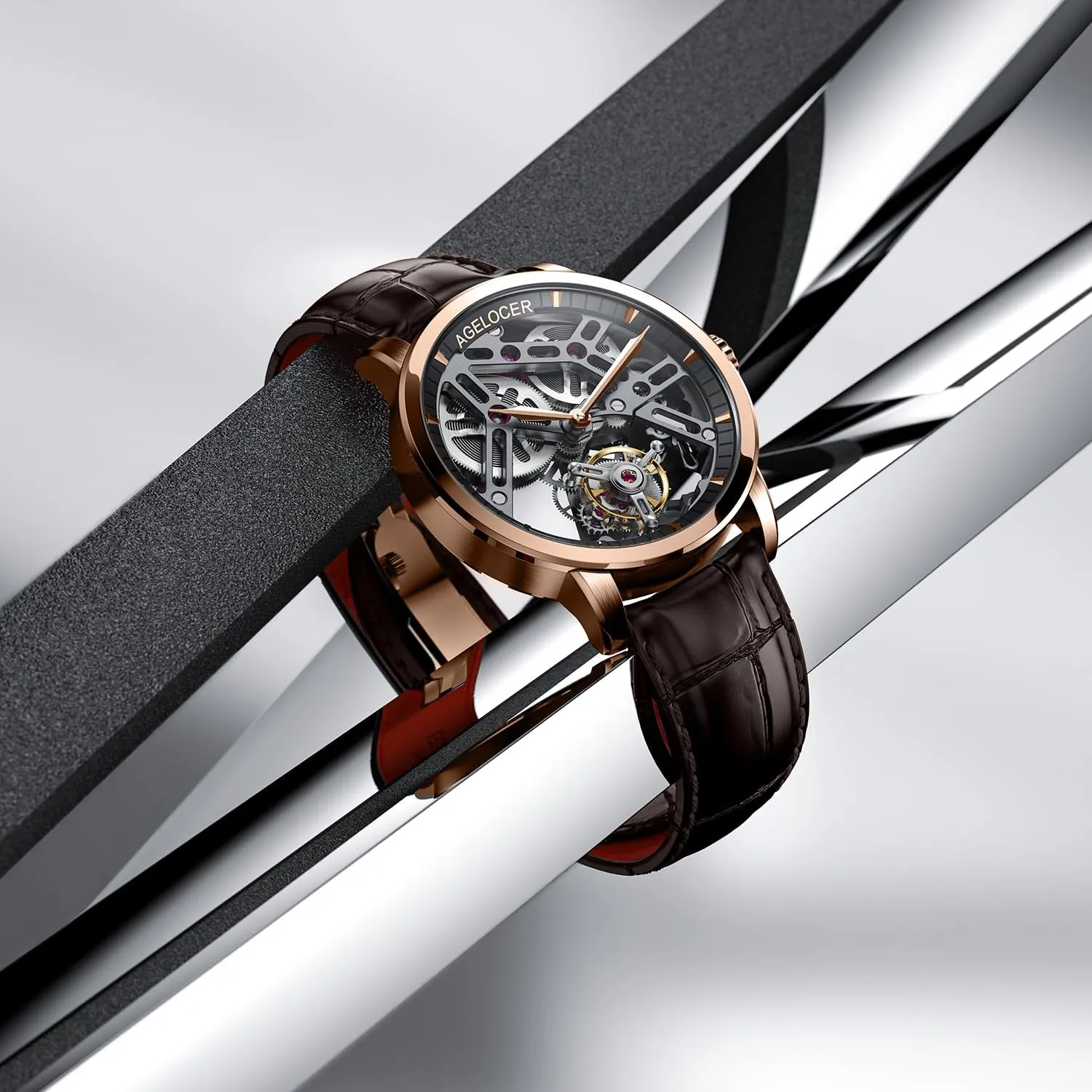 AGELOCER Men's Luxury Mechanical Watch with Tourbillon | Skeleton Manual Watches for Men | Waterproof Dress Watch for Business & Formal Occasions | Sapphire Glass | 50M Water Resistant (Black-Gold)