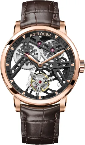 AGELOCER Men's Luxury Mechanical Watch with Tourbillon | Skeleton Manual Watches for Men | Waterproof Dress Watch for Business & Formal Occasions | Sapphire Glass | 50M Water Resistant (Black-Gold)