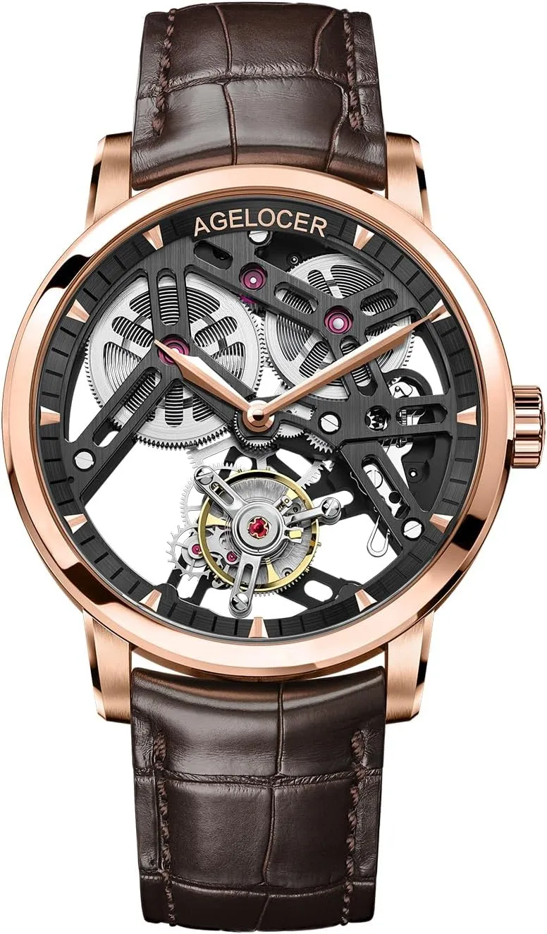 AGELOCER Men's Luxury Mechanical Watch with Tourbillon | Skeleton Manual Watches for Men | Waterproof Dress Watch for Business & Formal Occasions | Sapphire Glass | 50M Water Resistant (Black-Gold)