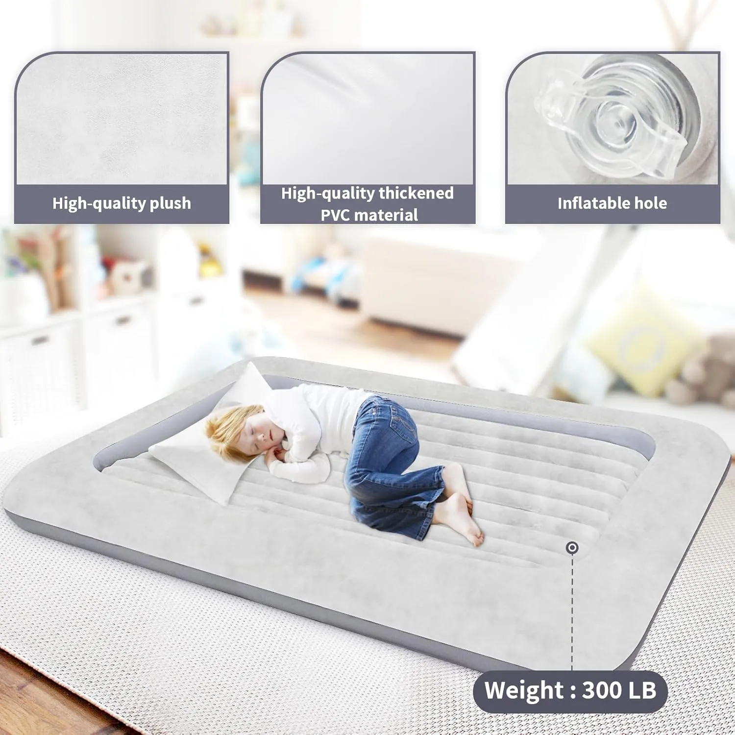 Air Mattress for Kids：Portable Fast Kid air Mattress, Portable Toddler Inflatable Travel Bed, Surface with Plush Smooth Comfortable Ideal for Living Room, Room and Outdoor Camping use（Gray）