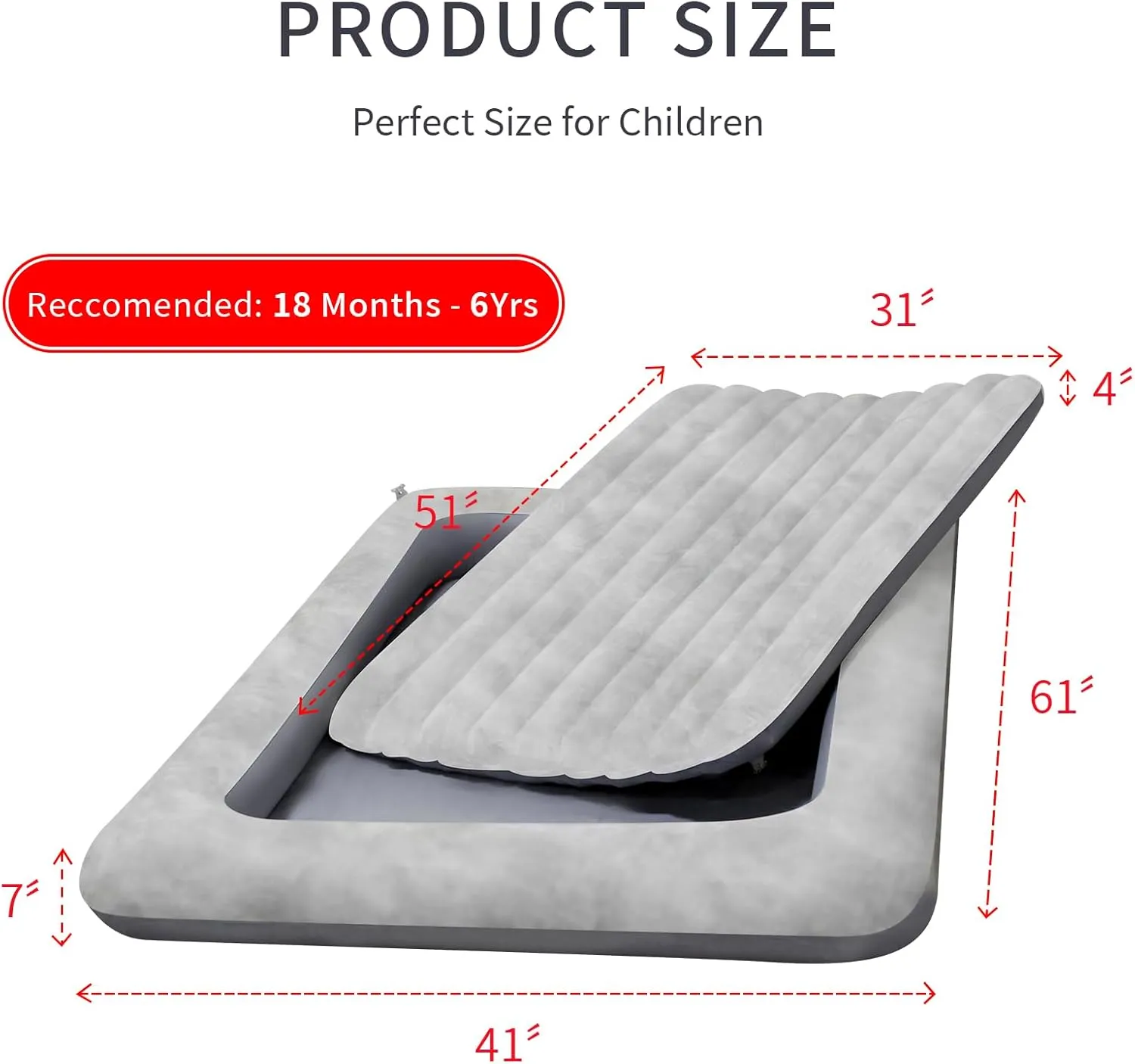 Air Mattress for Kids：Portable Fast Kid air Mattress, Portable Toddler Inflatable Travel Bed, Surface with Plush Smooth Comfortable Ideal for Living Room, Room and Outdoor Camping use（Gray）