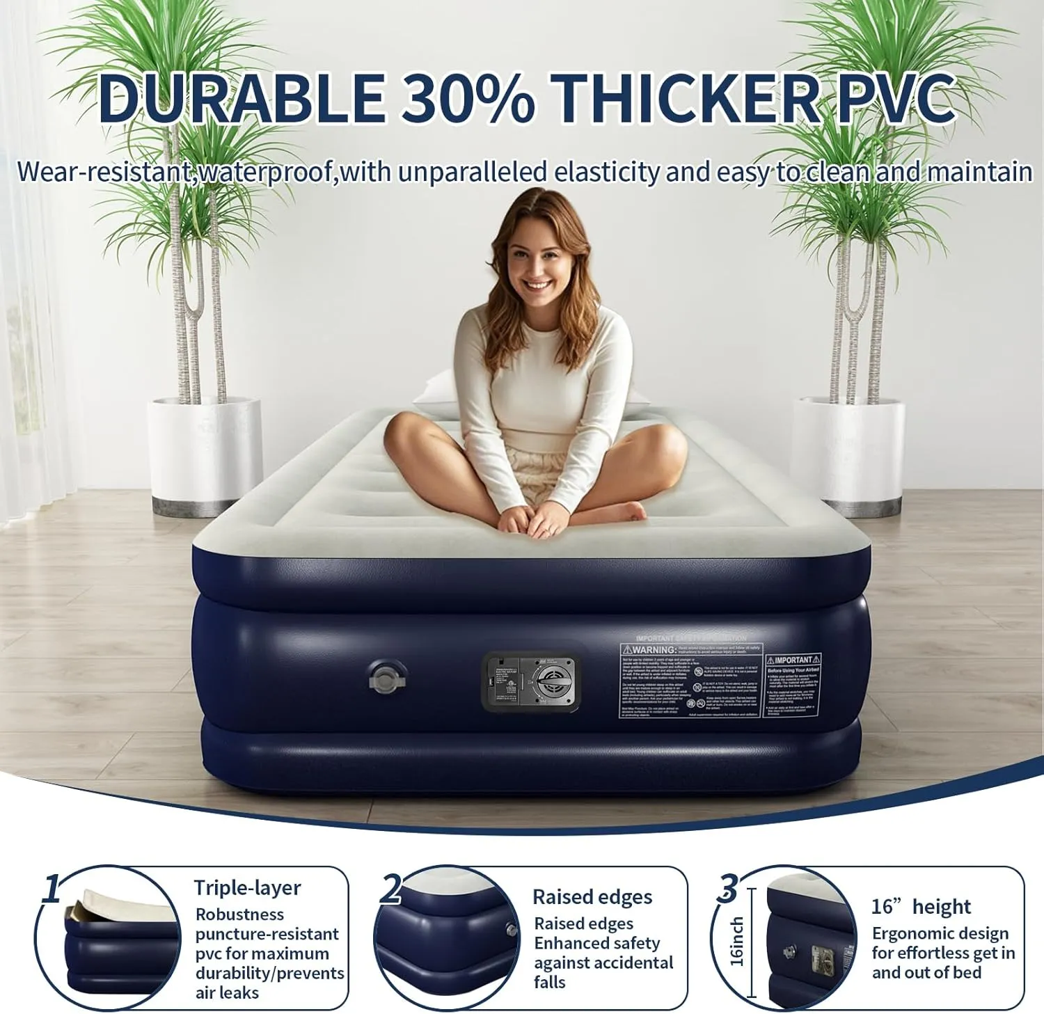 Air Mattresses with Built in Pump, Fast Inflation/Deflation Inflatable Mattress, Foldable Bed Home, Camping & Guests, 16in Bed Height,Blue, Queen Size
