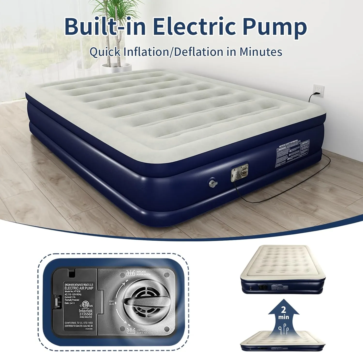 Air Mattresses with Built in Pump, Fast Inflation/Deflation Inflatable Mattress, Foldable Bed Home, Camping & Guests, 16in Bed Height,Blue, Queen Size
