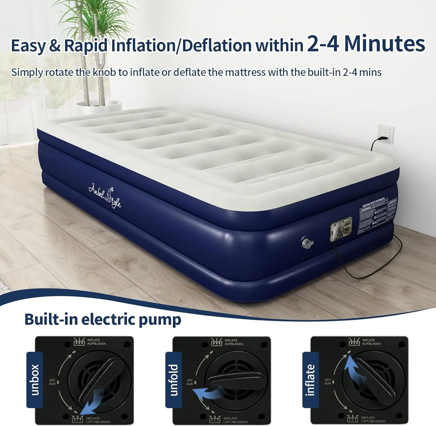 Air Mattresses with Built in Pump, Fast Inflation/Deflation Inflatable Mattress, Foldable Bed Home, Camping & Guests, 16in Bed Height,Blue, Queen Size