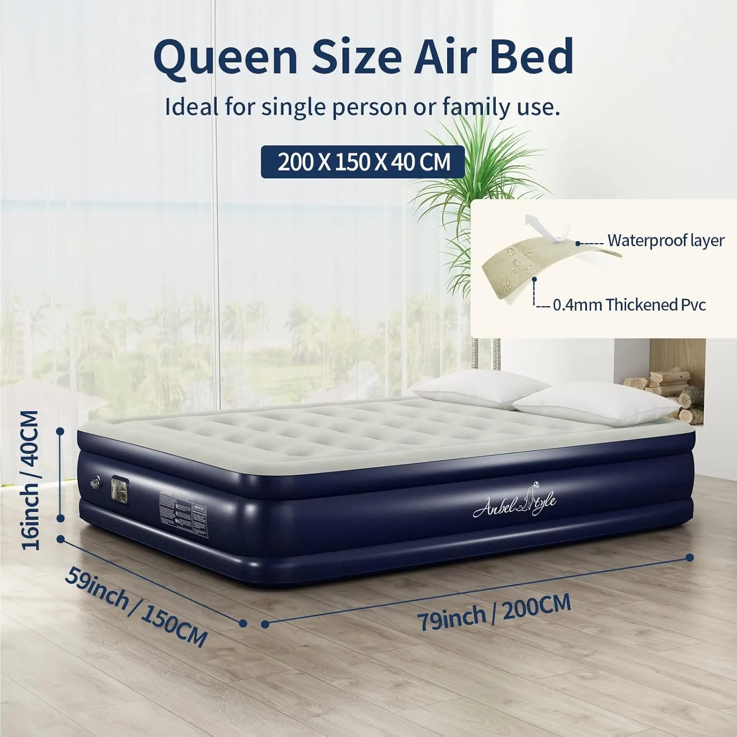 Air Mattresses with Built in Pump, Fast Inflation/Deflation Inflatable Mattress, Foldable Bed Home, Camping & Guests, 16in Bed Height,Blue, Queen Size