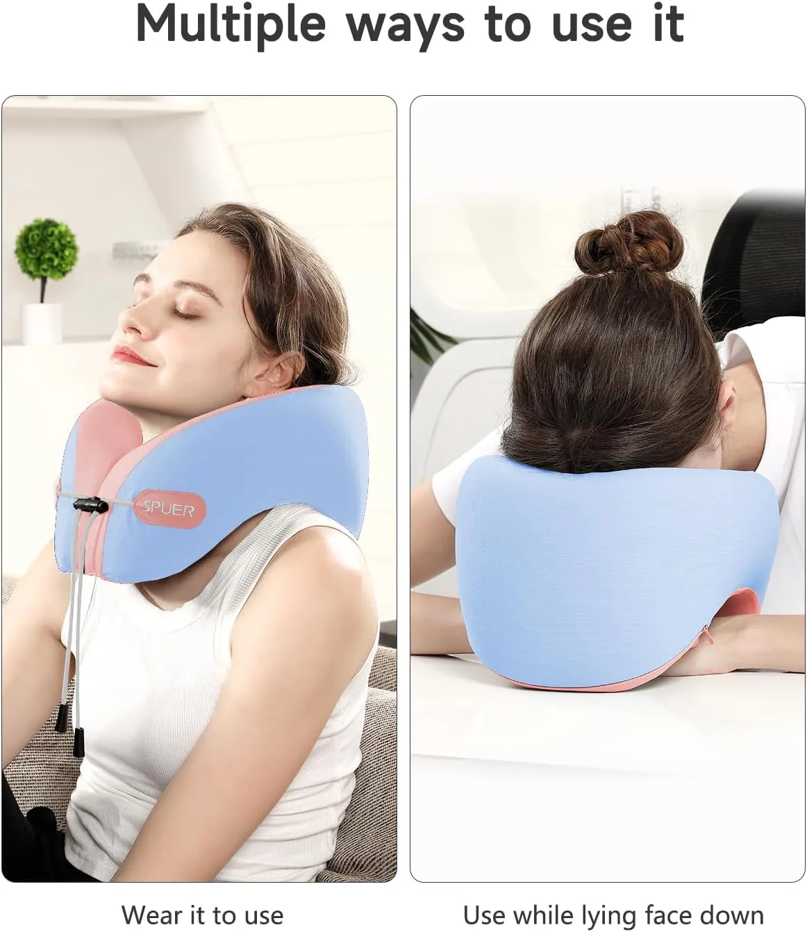 Airplane Travel Pillow – Neck Pillow for Sleeping with Memory Foam for Flights, Cars & Office Naps, Travel Accessories with Eye Mask, Earplugs & Storage Bag (Blue & Pink)