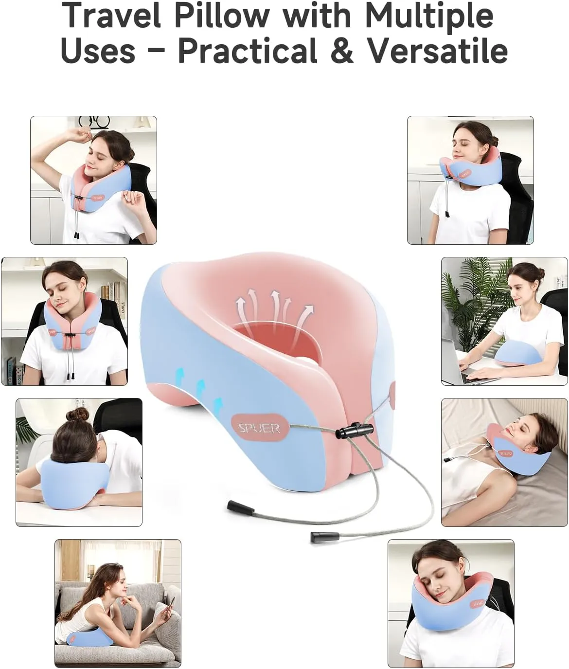 Airplane Travel Pillow – Neck Pillow for Sleeping with Memory Foam for Flights, Cars & Office Naps, Travel Accessories with Eye Mask, Earplugs & Storage Bag (Blue & Pink)