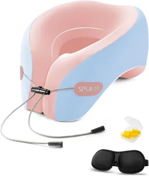 Airplane Travel Pillow – Neck Pillow for Sleeping with Memory Foam for Flights, Cars & Office Naps, Travel Accessories with Eye Mask, Earplugs & Storage Bag (Blue & Pink)