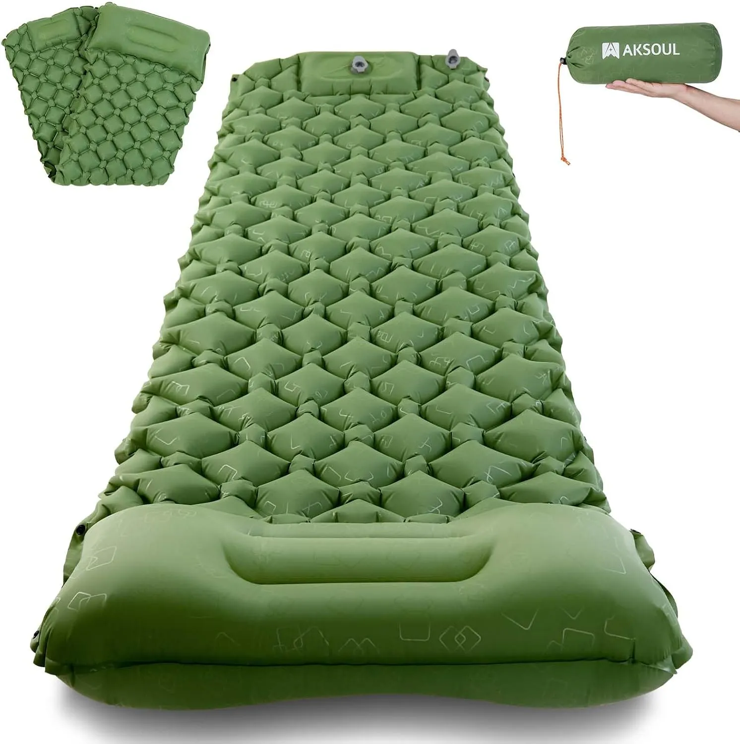 AKSOUL Camping Ultralight Sleeping Pad: Compact Portable Self Inflatable Sleep Mat with Built-in Foot Pump, Lightweight Single Pad for Camping, Traveling, Outdoor Activities (Green)