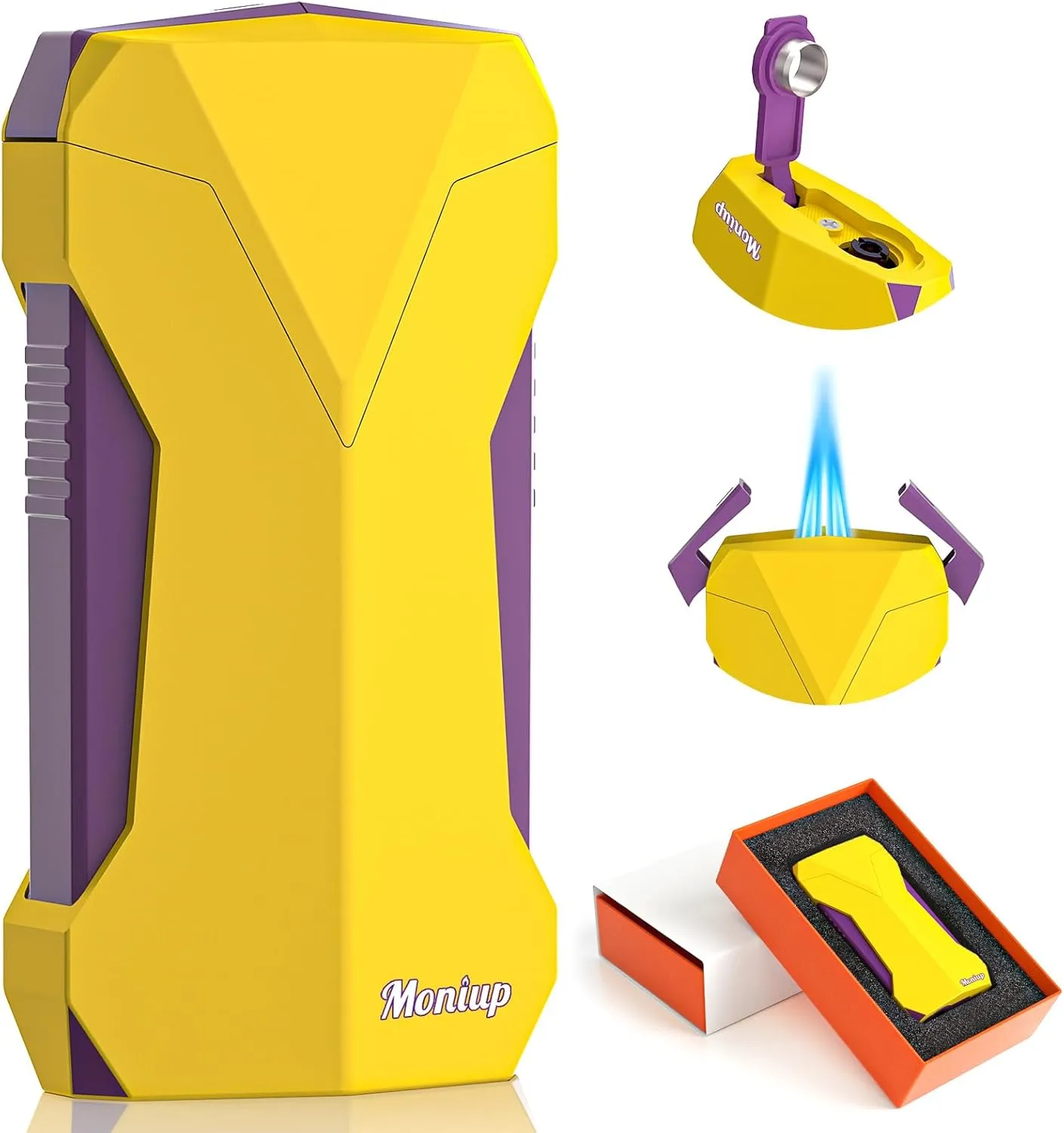 All-in-one Torch Lighter with Dual Flames, Built-in Punch, Cooling Holes, Fuel Window, Pretty Gift for Festival, Refillable Butane Windproof Cool Lighters for Camping, Candles, Outdoors