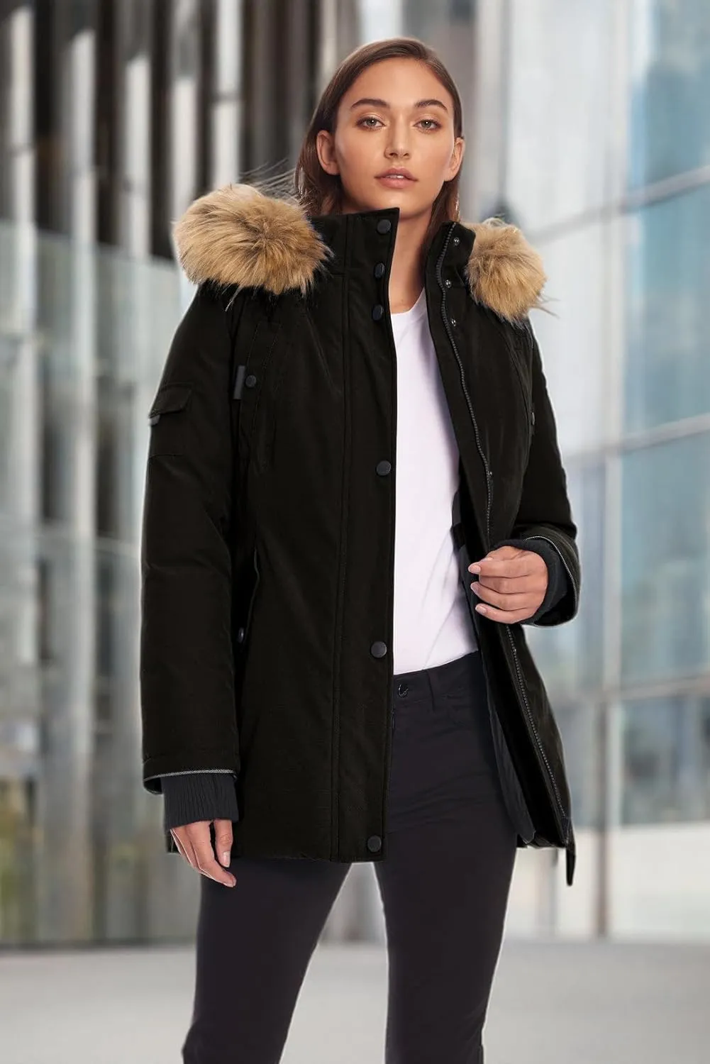 ALPINE NORTH Glacier Women’s Vegan Down Winter Coat with Faux Fur Hood - Parka Jacket for Women