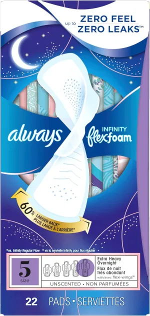 Always Infinity Feminine Pads for Women, Flexfoam Pads with Wings, Size 5, Extra Heavy Overnight Absorbency, Unscented, 66 Count (Packaging May Vary)