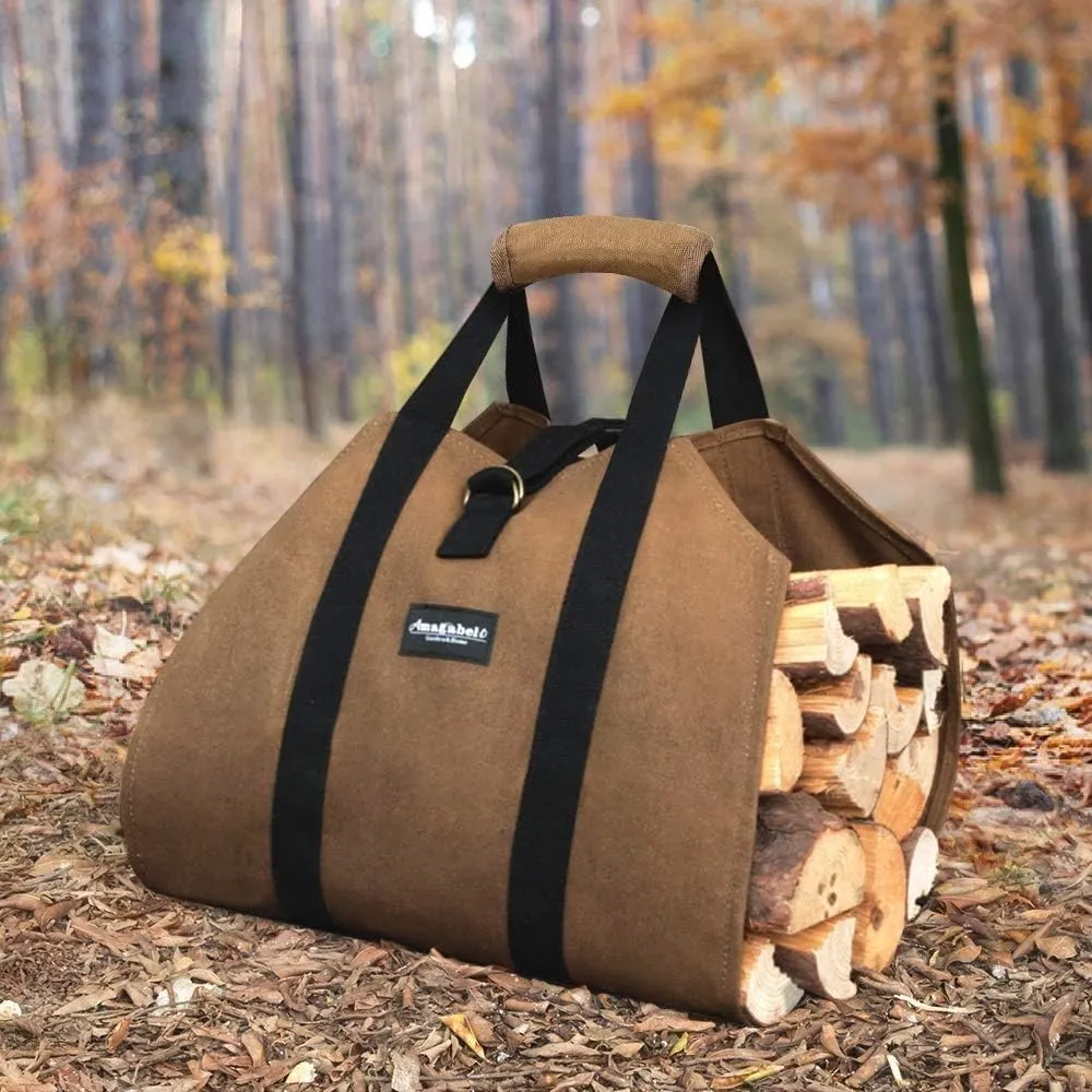 AMAGABELI GARDEN & HOME Fireplace Carrier Waxed Canvas Fire Place Sturdy Wood Carring Bag with Handles Security Strap for Camping Indoor Firewood Logs Tote Log Holder Birchwood Stand