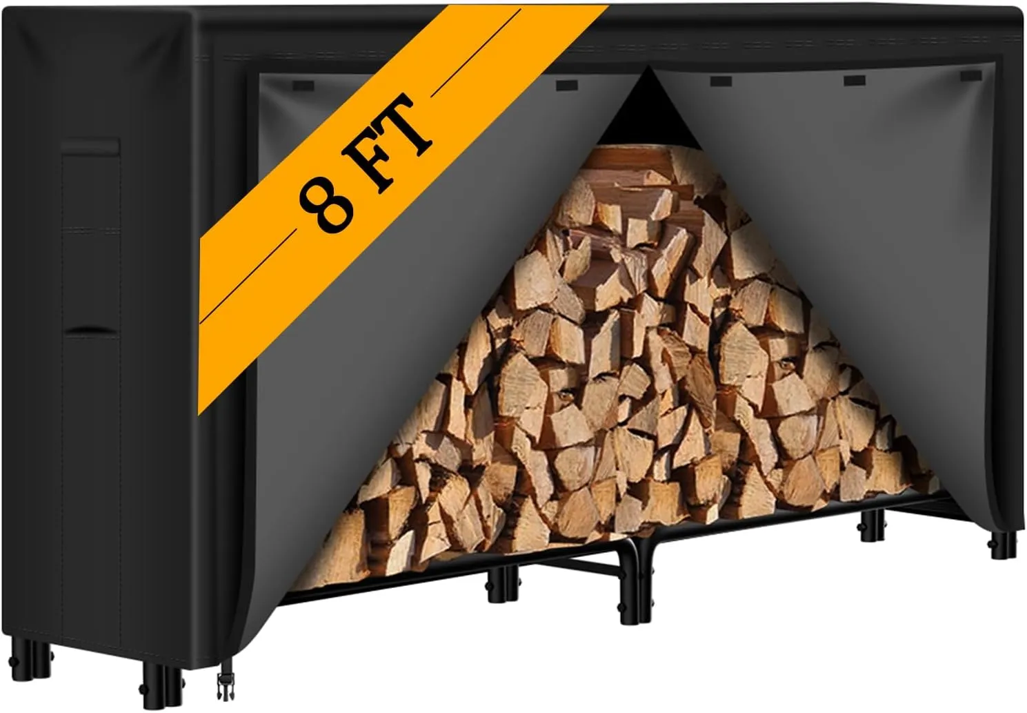 AMAGABELI GARDEN & HOME Firewood Rack Outdoor with Cover 8ft Heavy-Duty Log Rack Holder for Firewood Waterproof Firewood Storage Rack Fire Pits Fireplaces and Outdoor Wood Storage Black