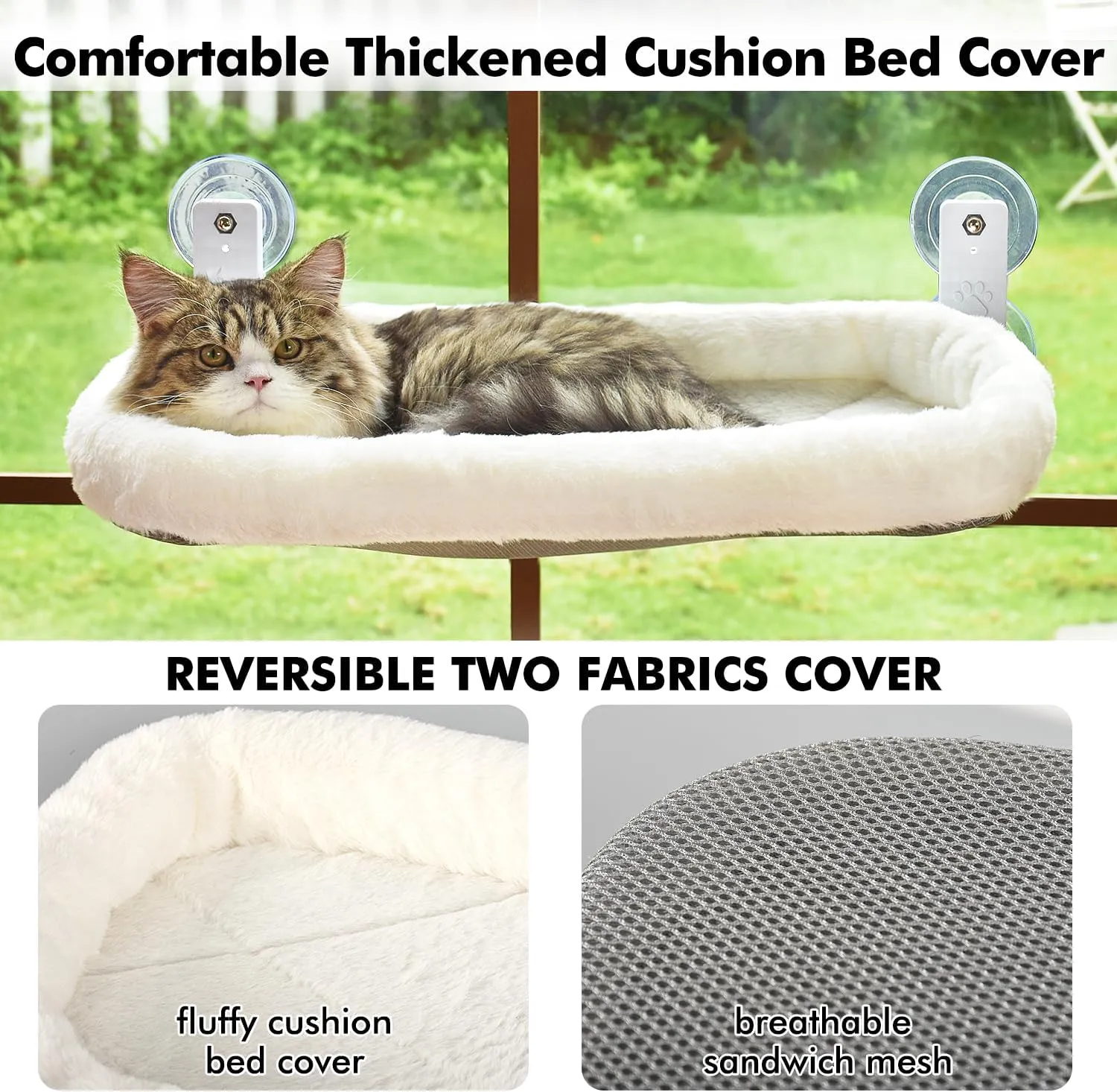 AMOSIJOY Cordless Cat Window Perch, Window Hammock for Cats with 4 Strong Suction Cups, Solid Metal Frame and Soft Cover, Indoor Cat Bed