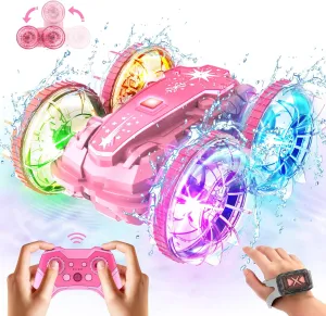 Amphibious Remote Control Car Boat, Waterproof Pool Toys for Kids Ages 6 7 8 9 10 11 12, 2.4 GHz Gesture Sensing RC Vehicle, 4WD Stunt Car with LED Lights, Gifts for Boys and Girls