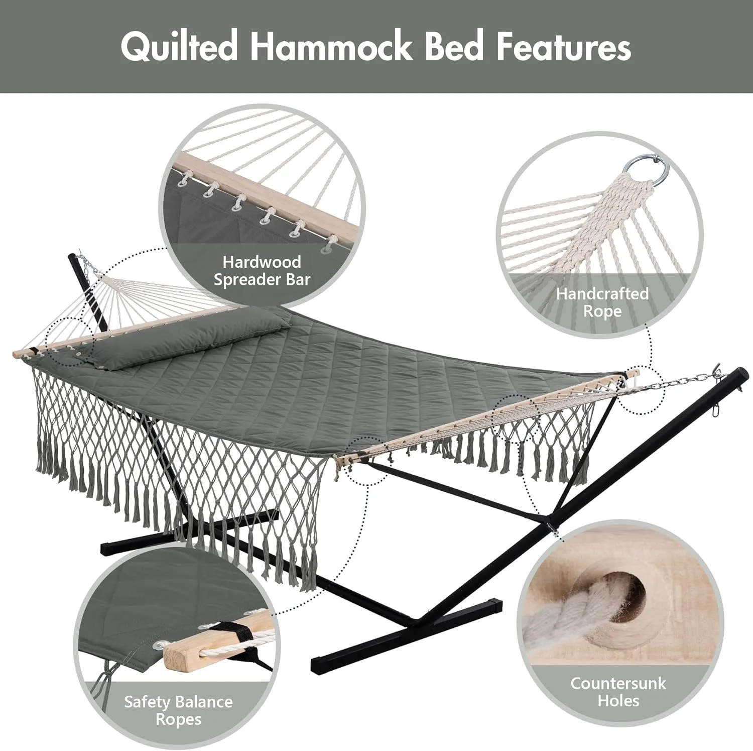 ANOW Double Hammock with Tassels and 12FT Heavy Duty Steel Stand Included, 2 Person Hammock with Stand for Outdoors, Patio, 450 LBS Weight Capacity, Gray