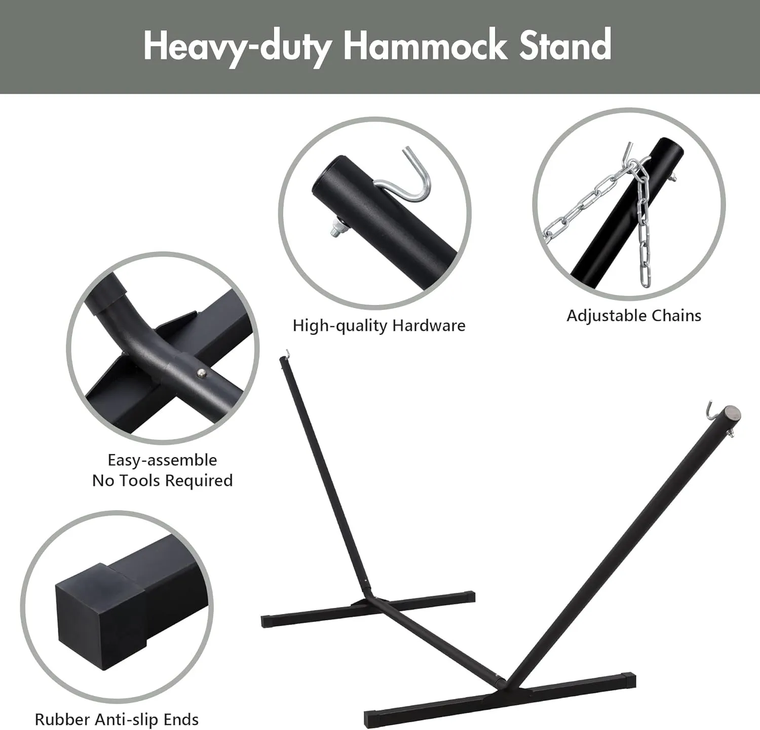 ANOW Double Hammock with Tassels and 12FT Heavy Duty Steel Stand Included, 2 Person Hammock with Stand for Outdoors, Patio, 450 LBS Weight Capacity, Gray