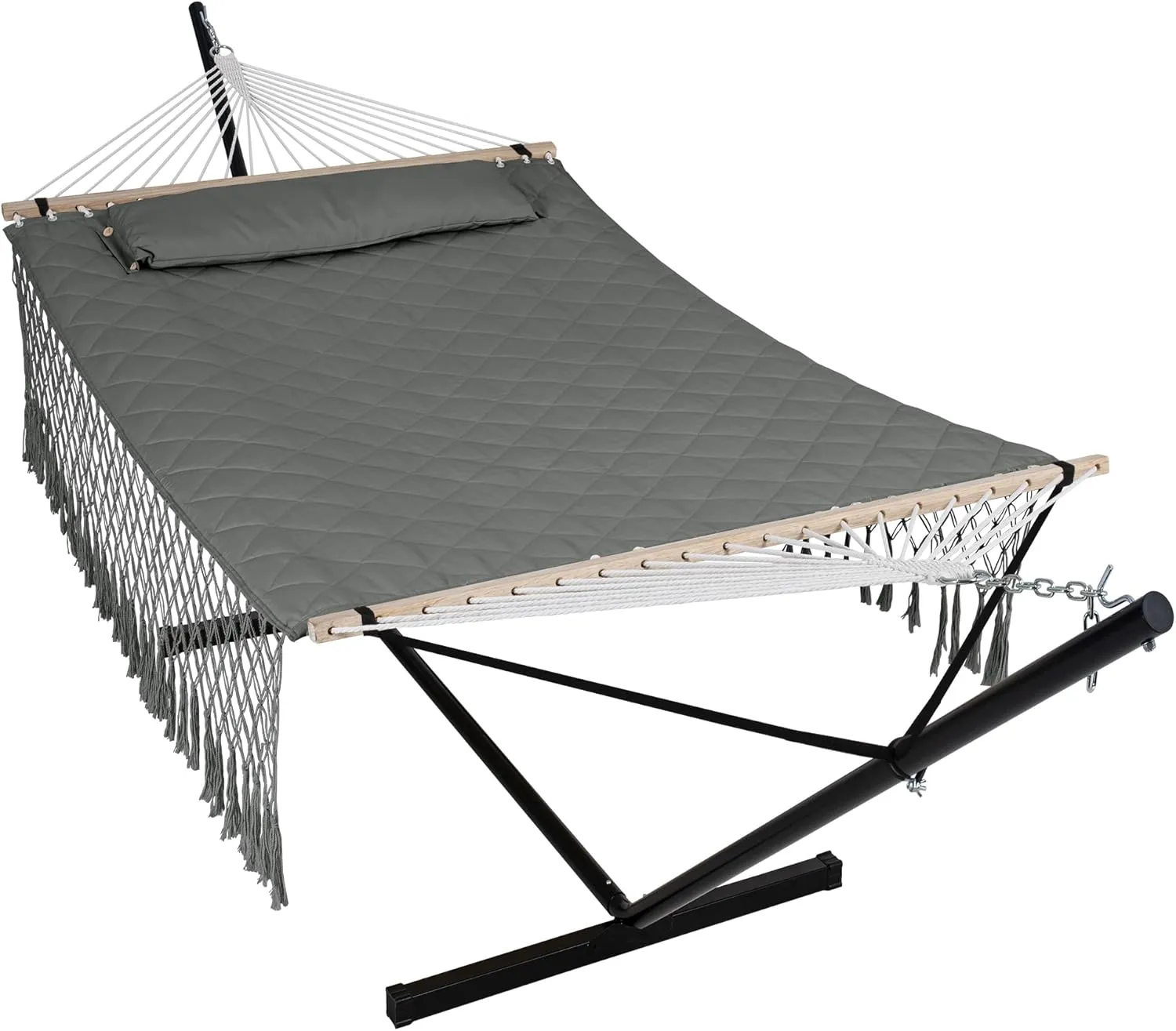 ANOW Double Hammock with Tassels and 12FT Heavy Duty Steel Stand Included, 2 Person Hammock with Stand for Outdoors, Patio, 450 LBS Weight Capacity, Gray